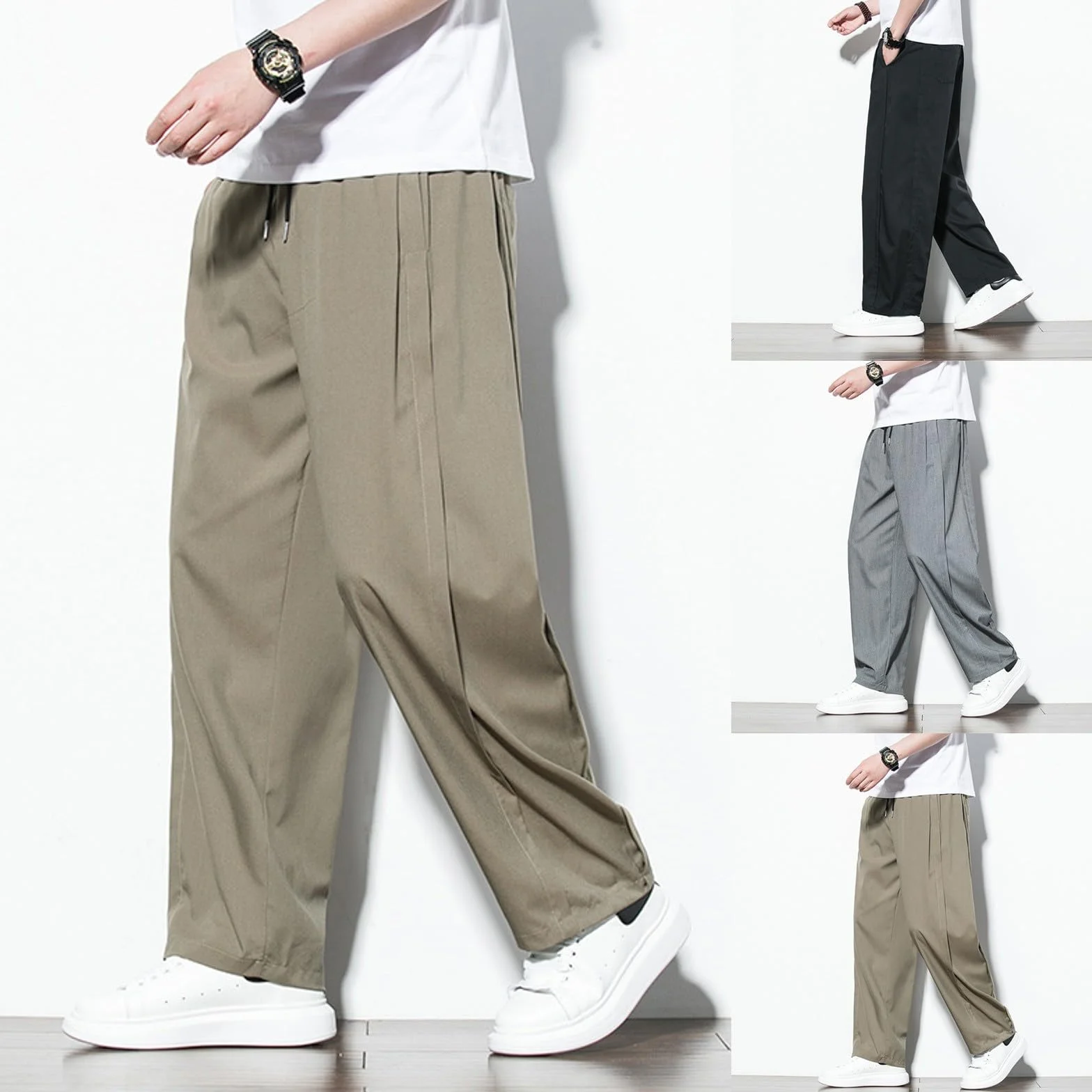 Pantaloni lunghi da uomo estivi a gamba larga in tessuto con tasche tinta unita