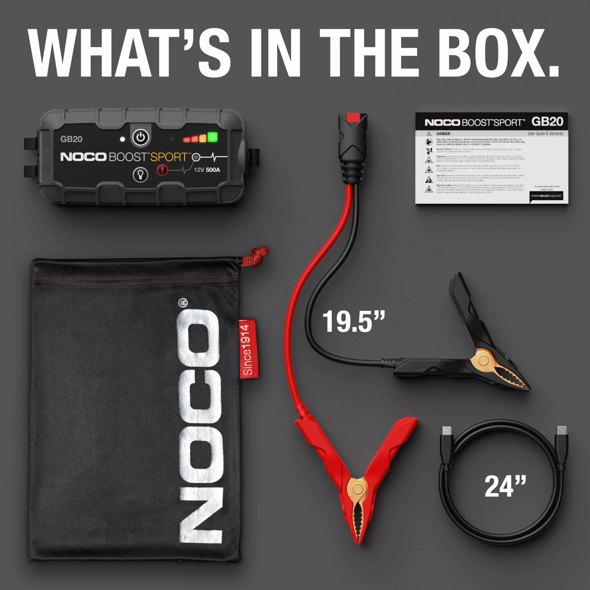 NOCO Boost GB20: Avviatore di Emergenza UltraSafe 500A – Booster Batteria al Litio 12V, Caricabatteria Portatile Power Bank e Cavi Avviamento – Per Motori Benzina fino a 4.0L
