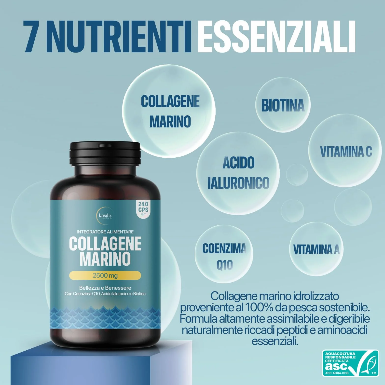 Collagene Marino con Acido Ialuronico 240 Capsule 2500 mg Integratore per Pelle Capelli Articolazioni