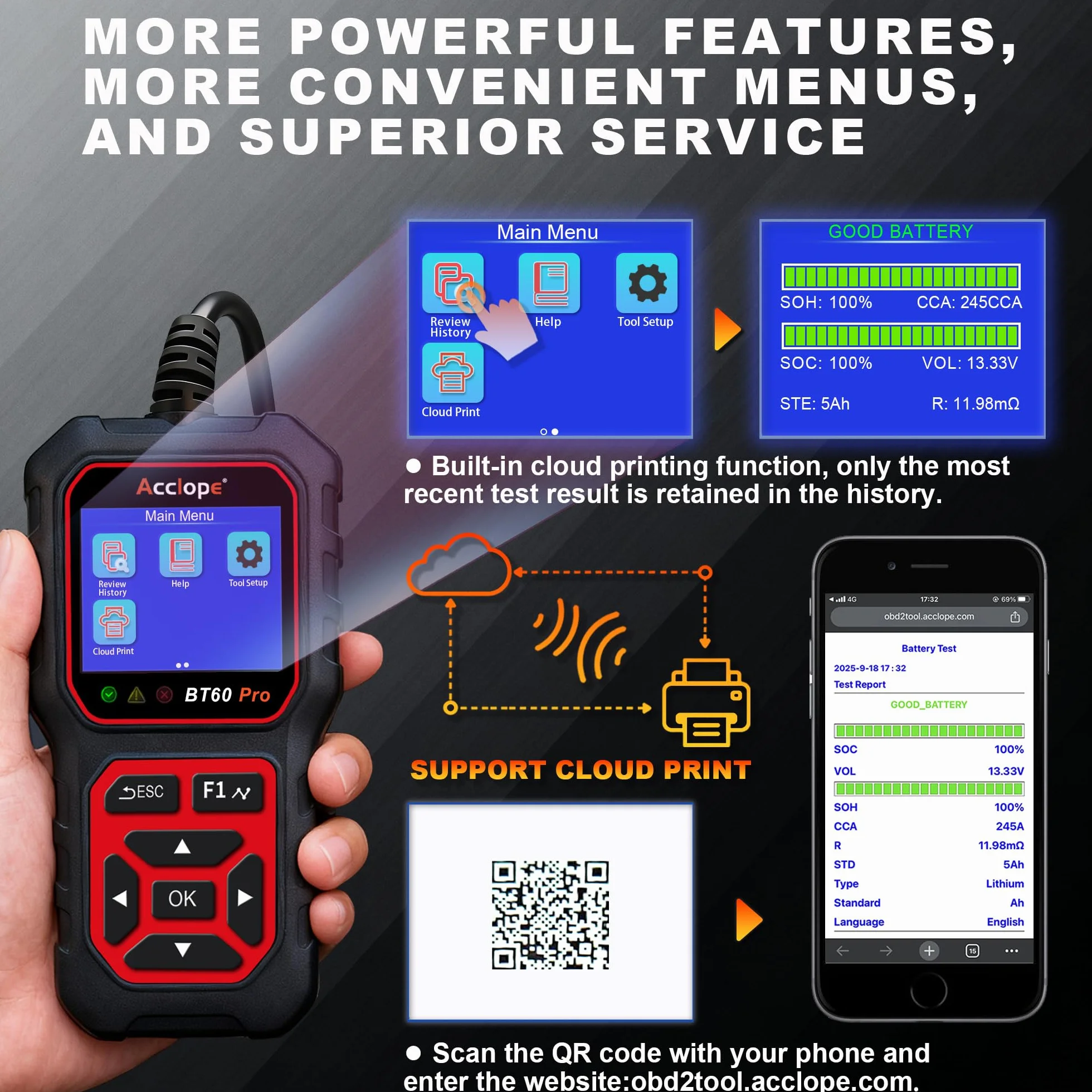 BT60 Pro Tester Digitale per Batterie Auto, CCA 100-3000, Analizzatore 6V 12V 24V, Sistema di Diagnostica Alternatore per Auto, Moto, Camion, Compatibile con AGM, Litio, Gel