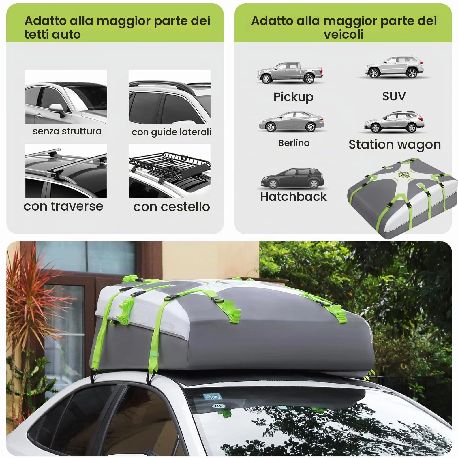 Sailnovo Box da Tetto per Auto Pieghevole 20 piedi cubi Portapacchi Impermeabile Adatto Per Auto Senza Portapacchi con tappetino antiscivolo (Grigio-Verde)