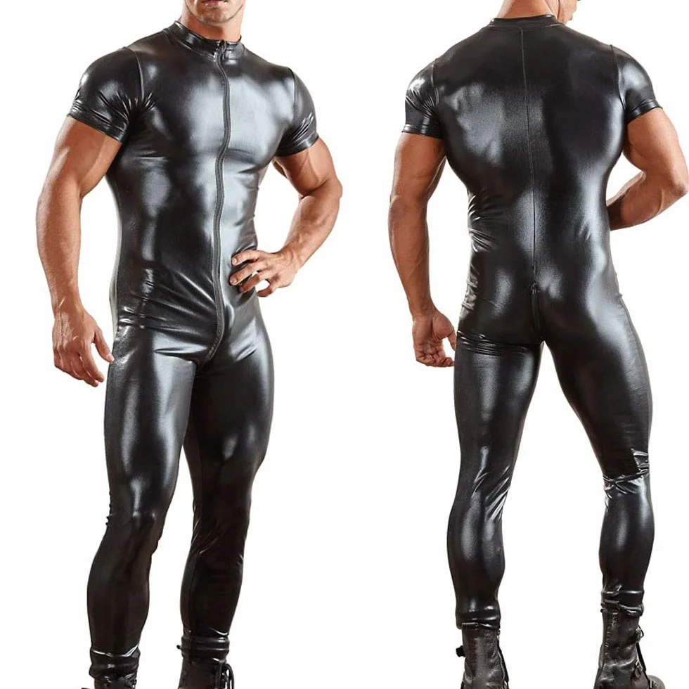 Lattice Catsuit Uomo Tuta in Stile Bagnato Slim Fit Lucido Sexy Pelle Abbigliamento Muscolare Clubwear