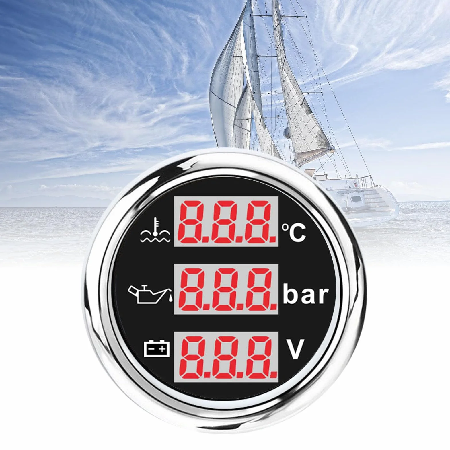 Kit sensore strumento 3 in 1 Temperatura liquido di raffreddamento motore Misuratore di pressione olio Voltmetro batteria Auto Barca 52mm Display digitale retroilluminato (Copertura argentata con