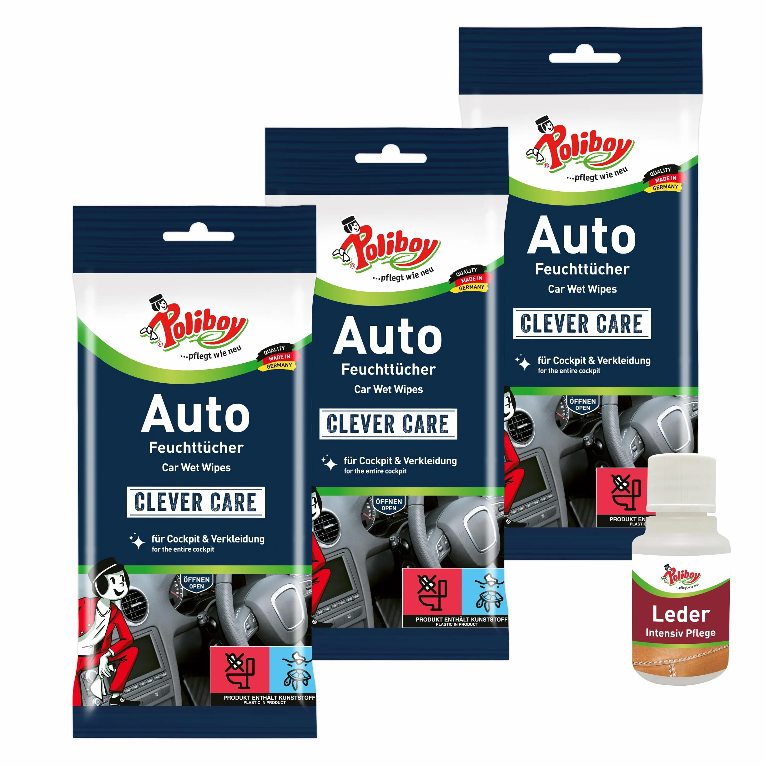 Poliboy salviettine umidificate per auto panni antipolvere pozzetti rivestimenti 3x20 Made in Germany