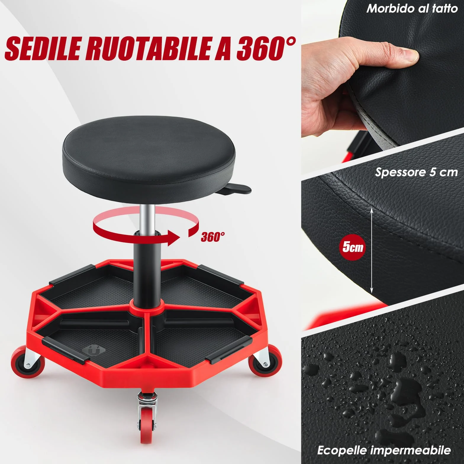 COSTWAY Sgabello da Officina con Ruote, 150 kg, Altezza Regolabile, Girevole, Rosso