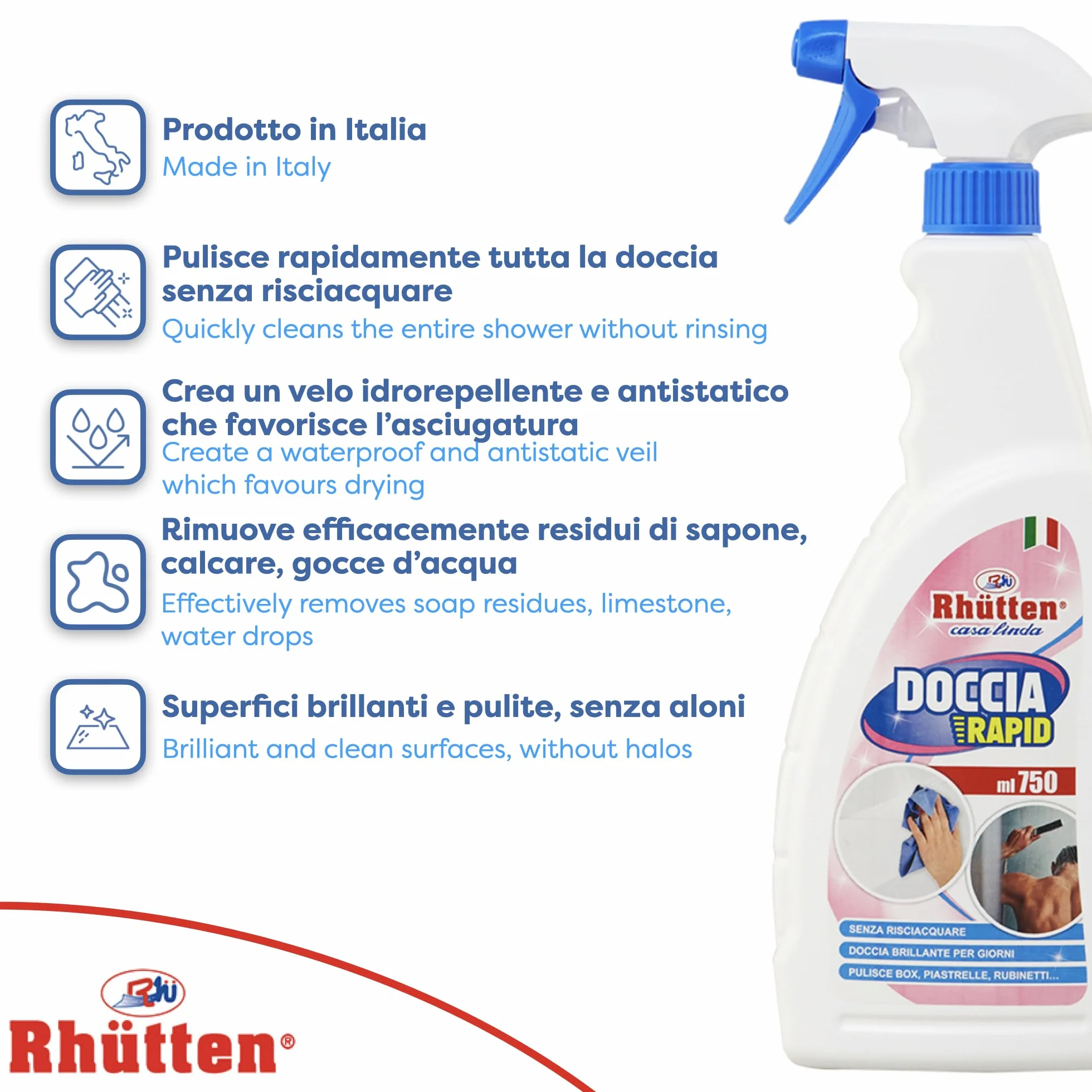 Pulitore per Piastrelle Doccia Rapid Rhutten Casa Linda Idrorepellente 750ml
