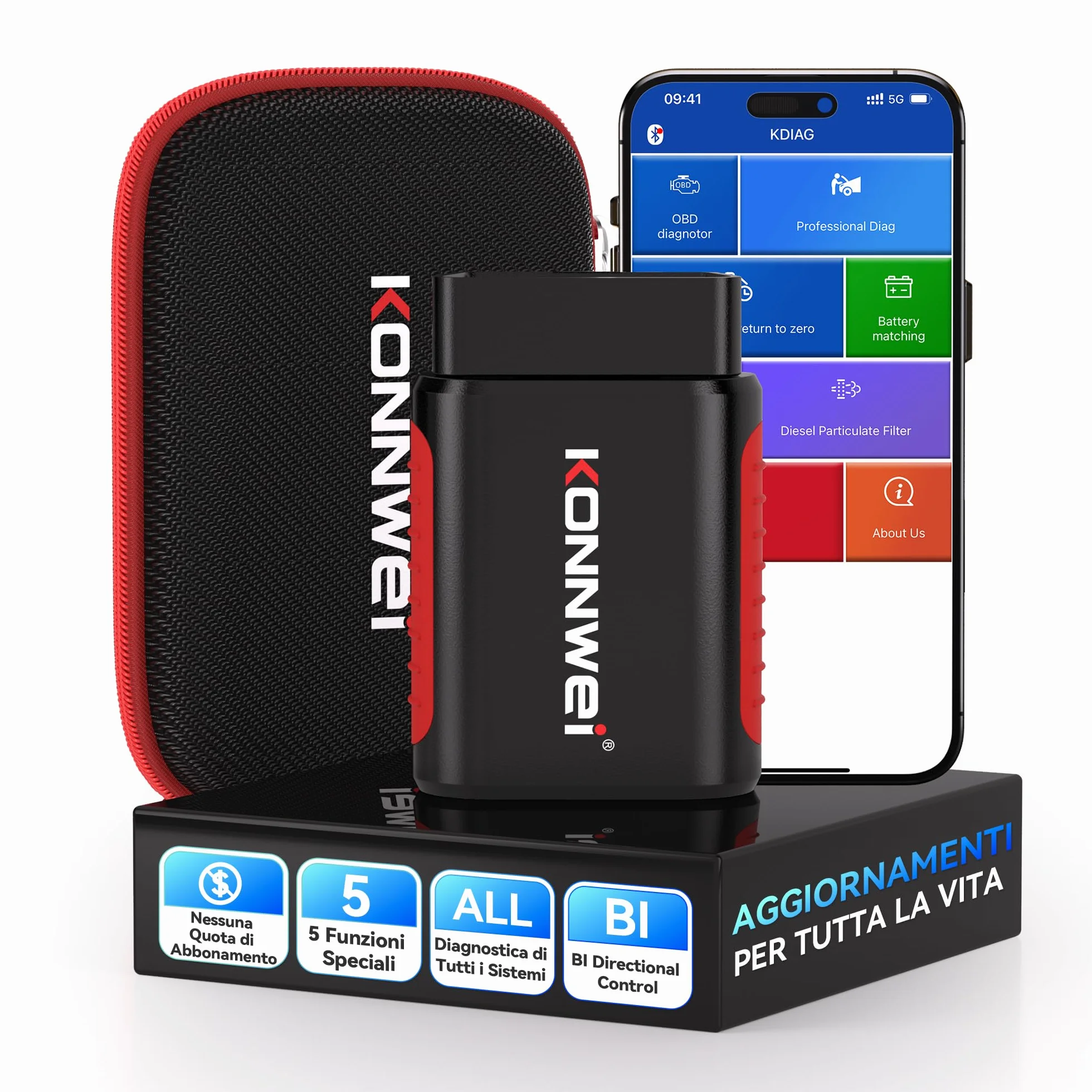 KONNWEI KDIAG OBD2 Scanner Bluetooth, tutti i sistemi diagnostici, 5 reset, lettore di codici auto per iOS e Android, senza abbonamento