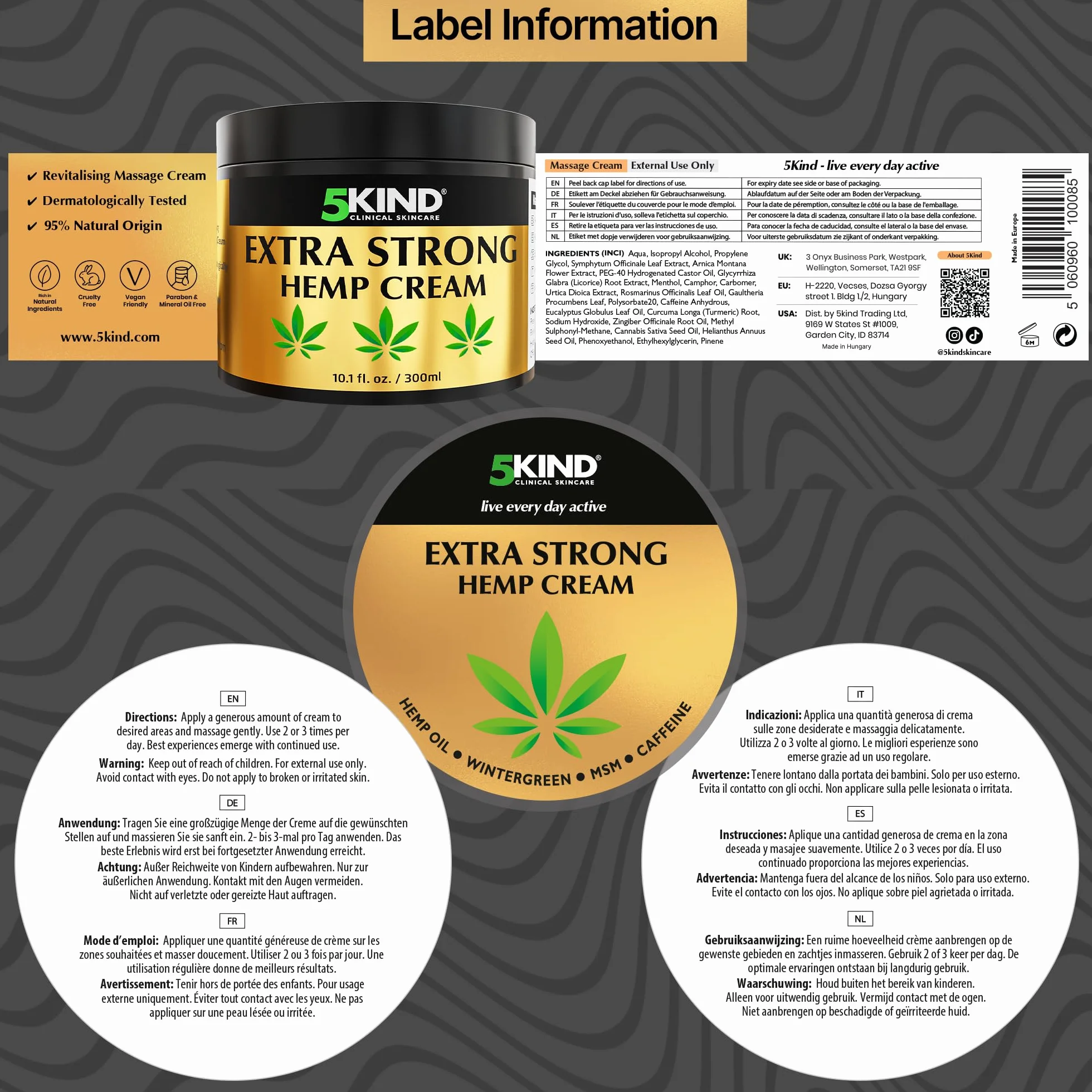 Crema alla canapa extra forte 5Kind 300 ml Ingredienti naturali per tutti i tipi di pelle