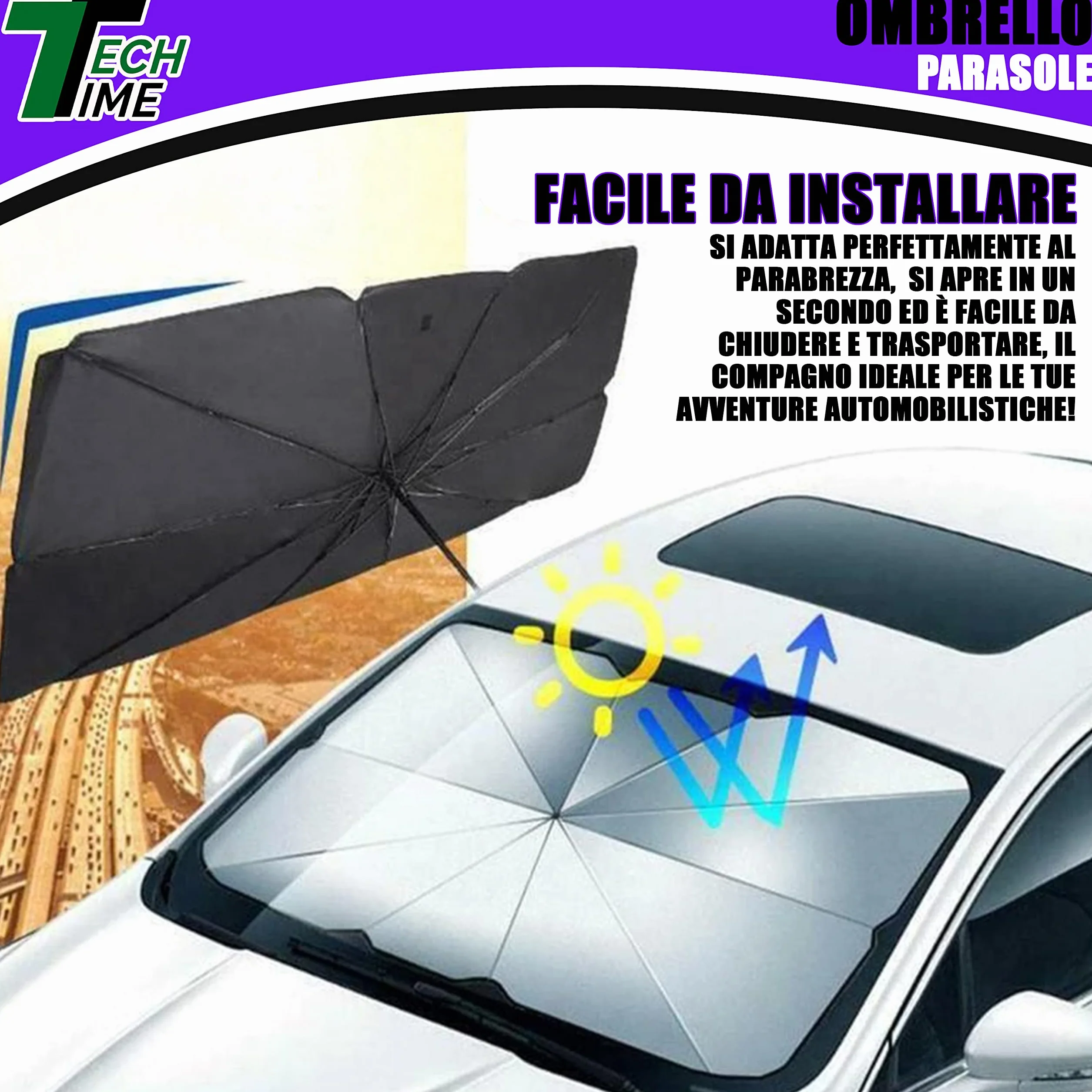 TechTime Parasole Auto Ombrello Pieghevole per Parabrezza Interni Macchina Schermo Anti-Uv GladeShade Telo Proteggi Cruscotto Copriparabrezza dal Sole Universale