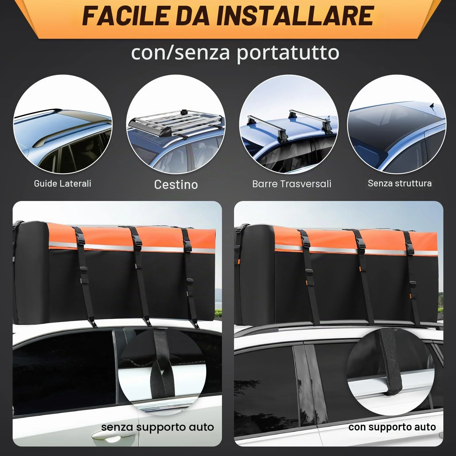Sailnovo Box da tetto per auto, 21 piedi cubi, pieghevole, con tappetino antiscivolo, 6 ganci per porta, in PVC 1000D, per auto con/senza barra trasversale per portapacchi (arancione)