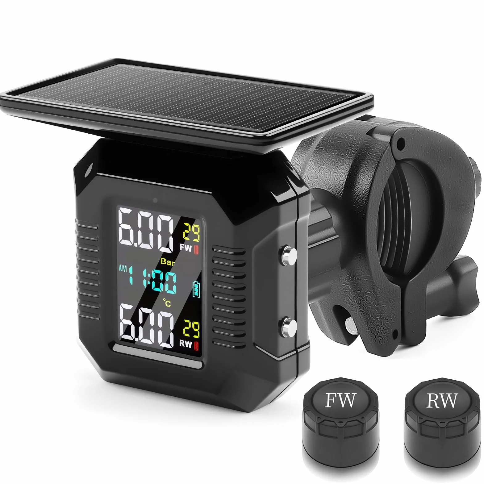 KAOLALI TPMS Moto Wireless Ricarica Solare USB Display LCD 2 Sensori Esterni Impermeabili