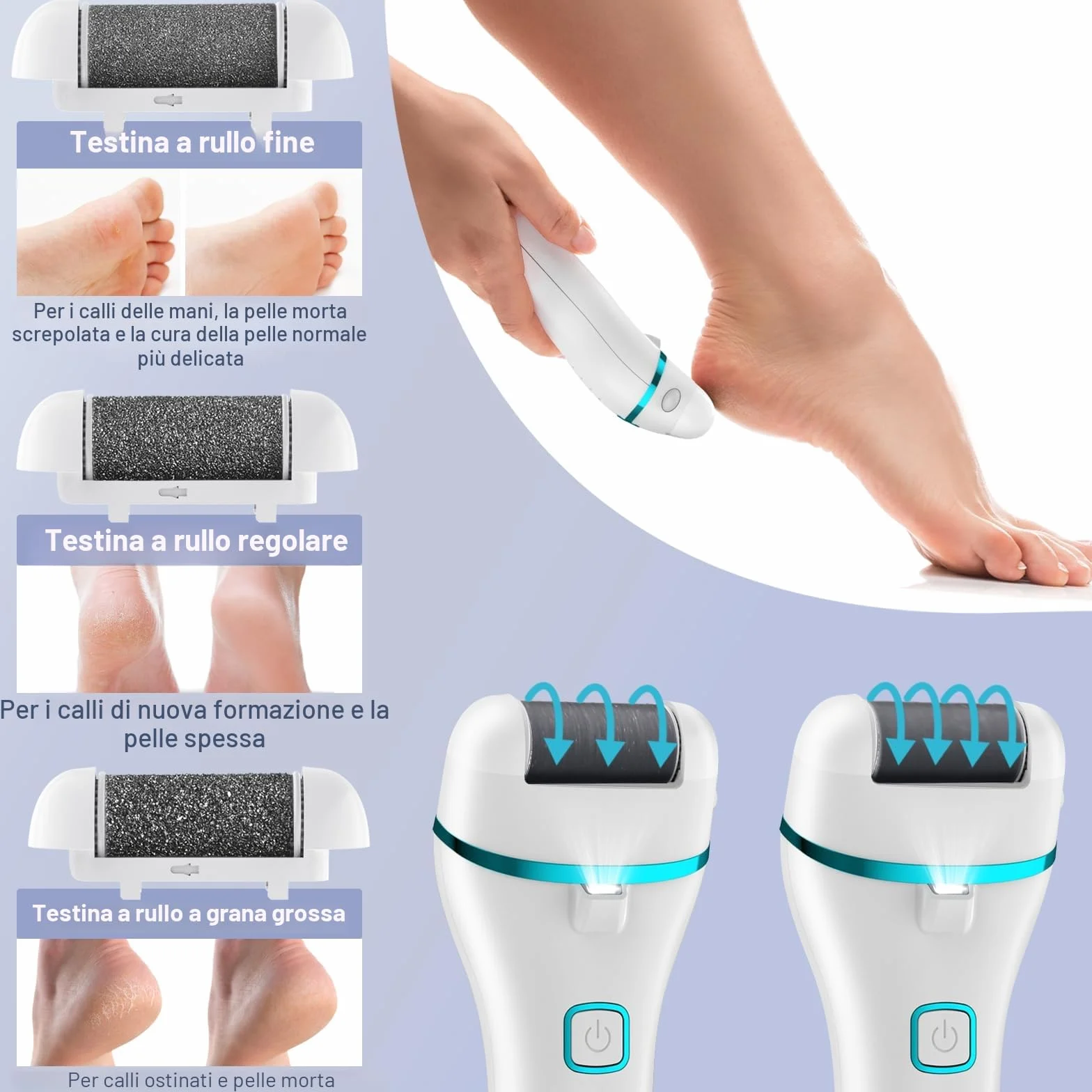 Pedicure Elettrico Professionale Ricaricabile con 3 Rulli di Ricambio, Kit Pedicure Piedi (Bianco)