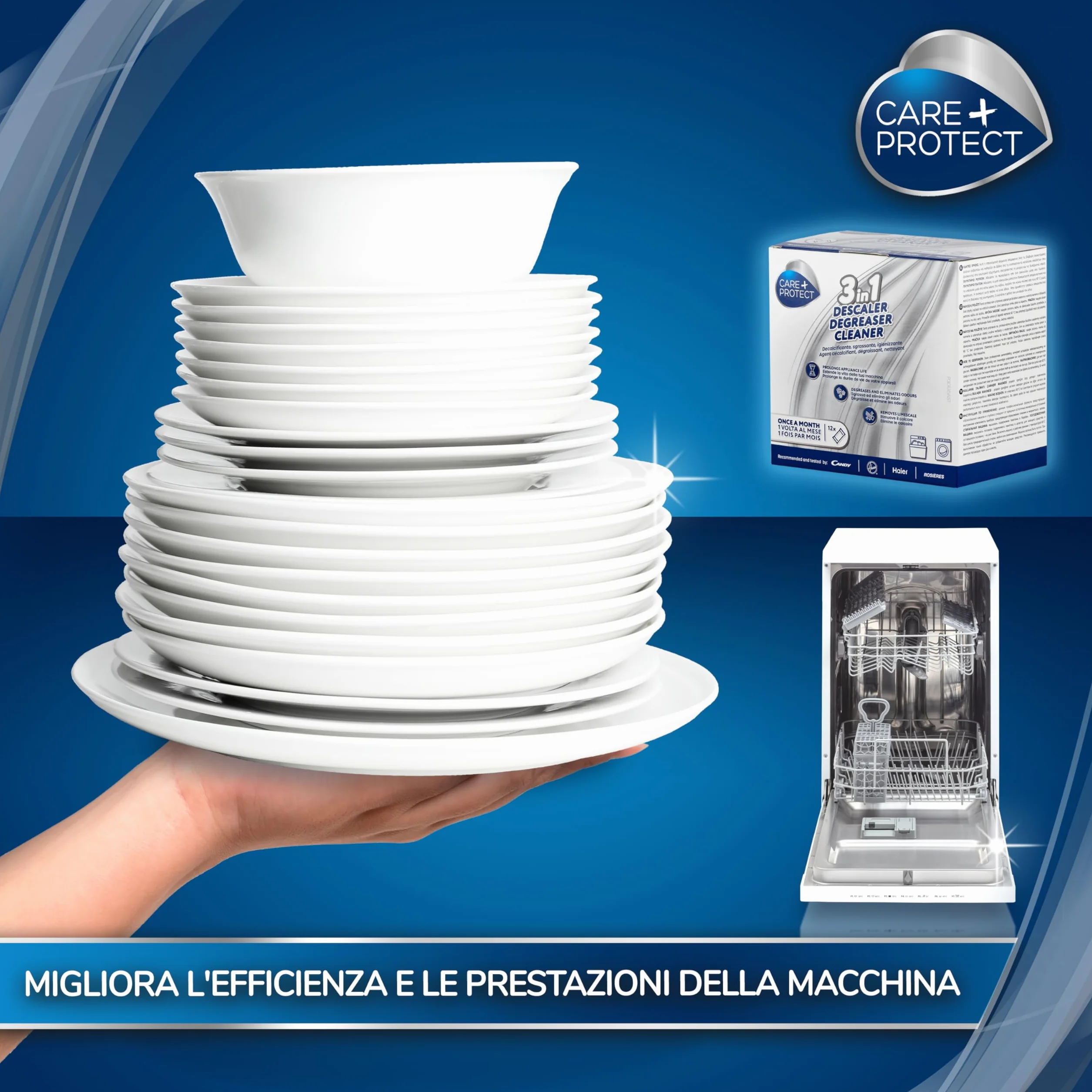 CARE + PROTECT 3 in 1 Anticalcare Sgrassante Igienizzante per Lavastoviglie Lavatrice 6 Bustine