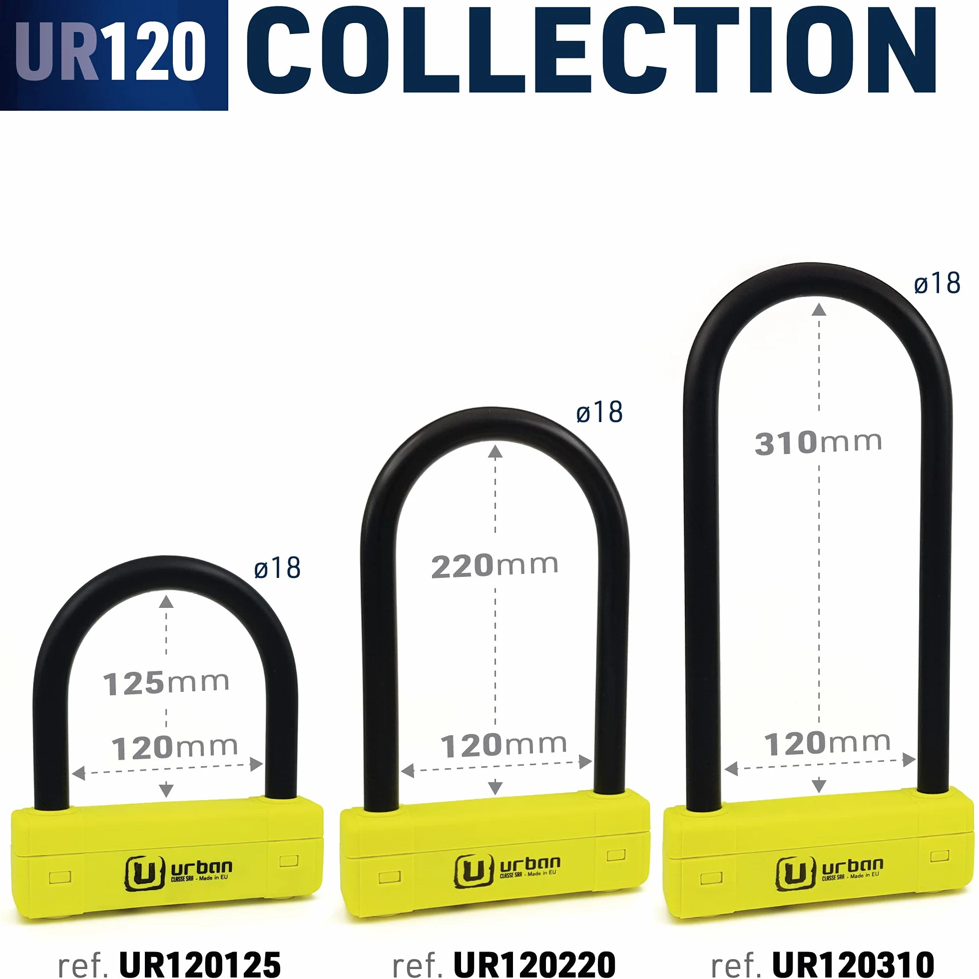 URBAN UR120220 Lucchetto a U per Moto Massima Sicurezza Omologato SRA, Arco ø18 Acciaio Temprato Doppio Blocco, Più Visibile, Antifurto a U lock 120x220mm Più Versatile per Blocco Pneumatico Moto