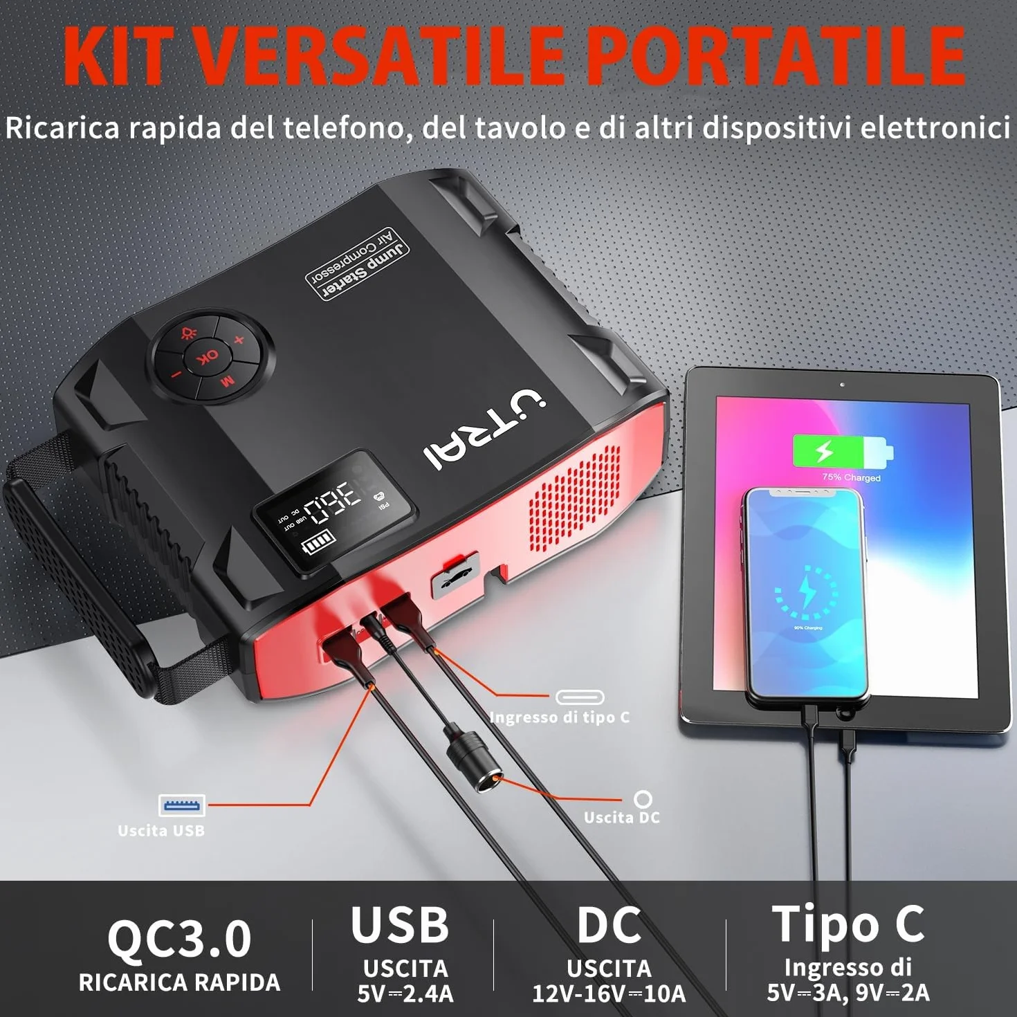 Avviatore Batteria Auto 8000A, UTRAI 27000mAh Avviatore Emergenza Auto con Compressore, DC160W Booster Avviamento Auto/Moto Portatile (Fino a Tutti i Benzina e 12L Diesel)/Doppia USB/1600 Lumen LED