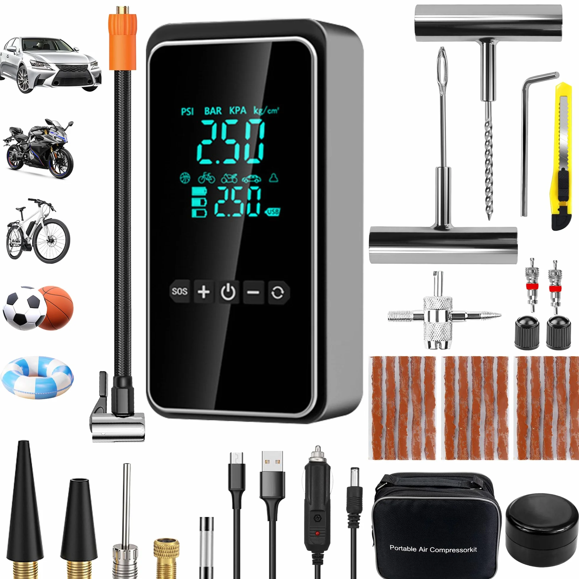 Compressore Aria Portatile Mini Gonfiatore Elettrico con Kit Riparazione 25 Pezzi per Auto Bici Moto