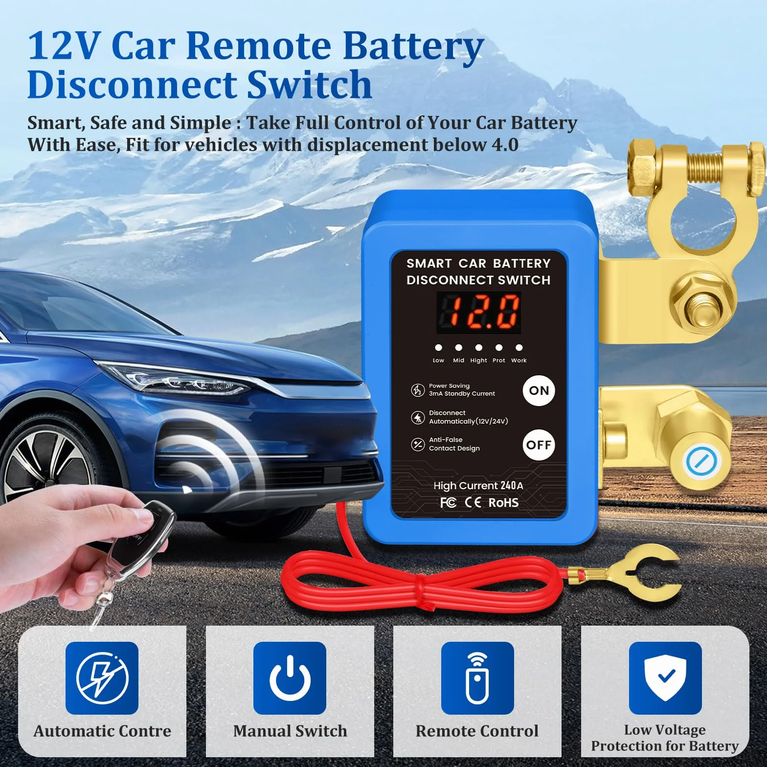 Interruttore di batteria telecomandato senza fili, tazza circuito batteria 12 V 240 A telecomando, interruttore di spegnimento automatico con display a LED per 12 V auto campeggio auto ATV camion