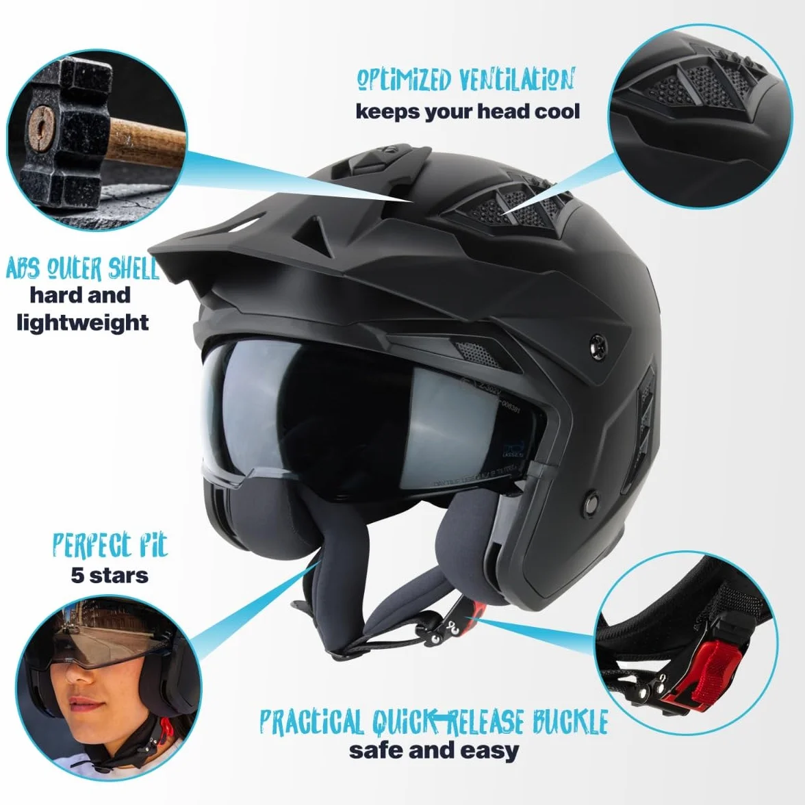 VINZ Kioto Casco Jet / Streetfighter | Certificato ECE 22.06 | Casco Moto / Scooter con Visiera Parasole | Mentoniera rimovibile | nelle taglie dalla XS-XXL