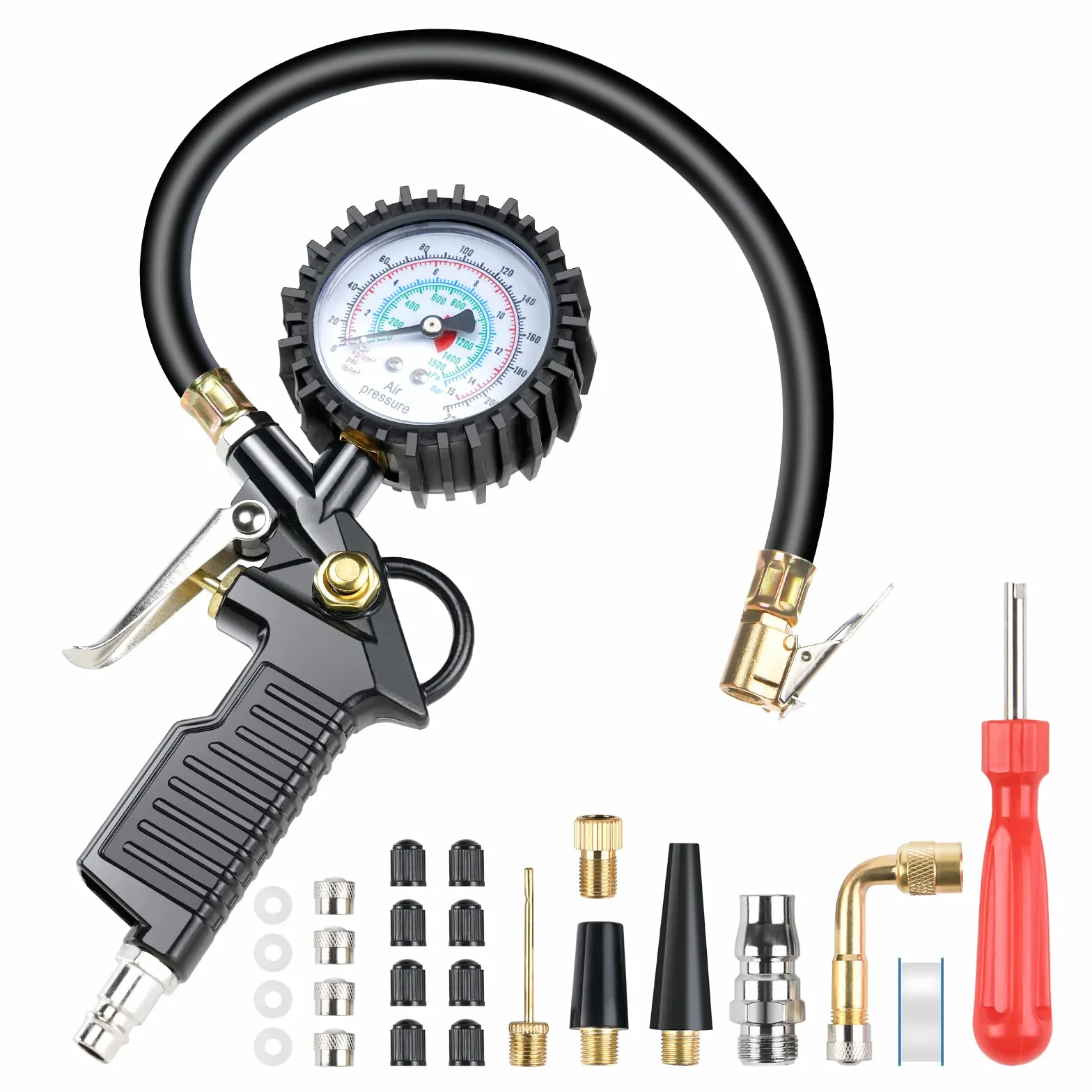 Manometro per Pneumatici 220PSI Pistola Digitale con Tappi Valvola, Ugelli e Prolunga 90°