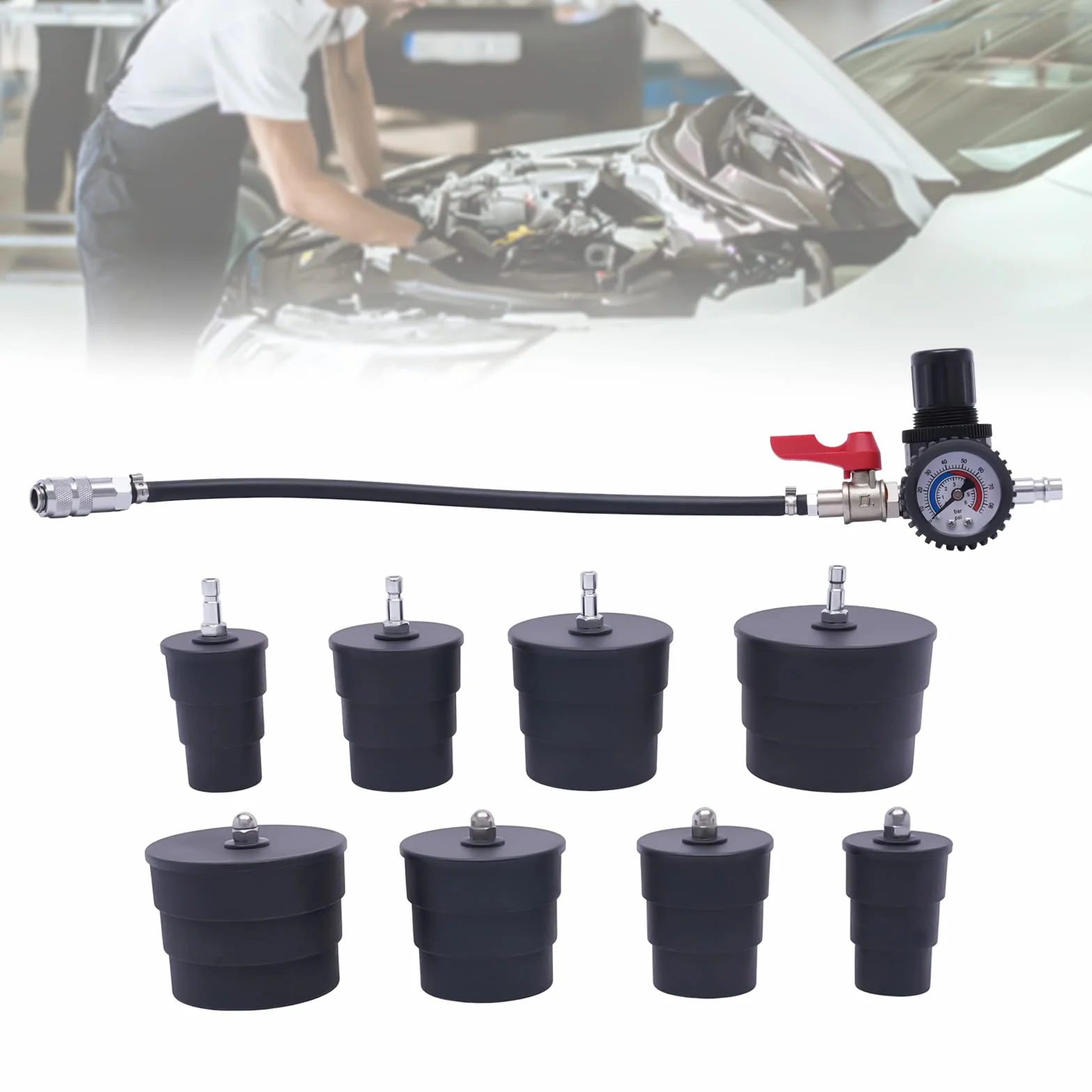 9 pezzi Turbo System Tester di perdite Turbo Boost Kit Tester di perdite, sistema turbocompressore, kit di prova di perdite con 4 paia di adattatori graduati da 1,38 ''-3,54 ''
