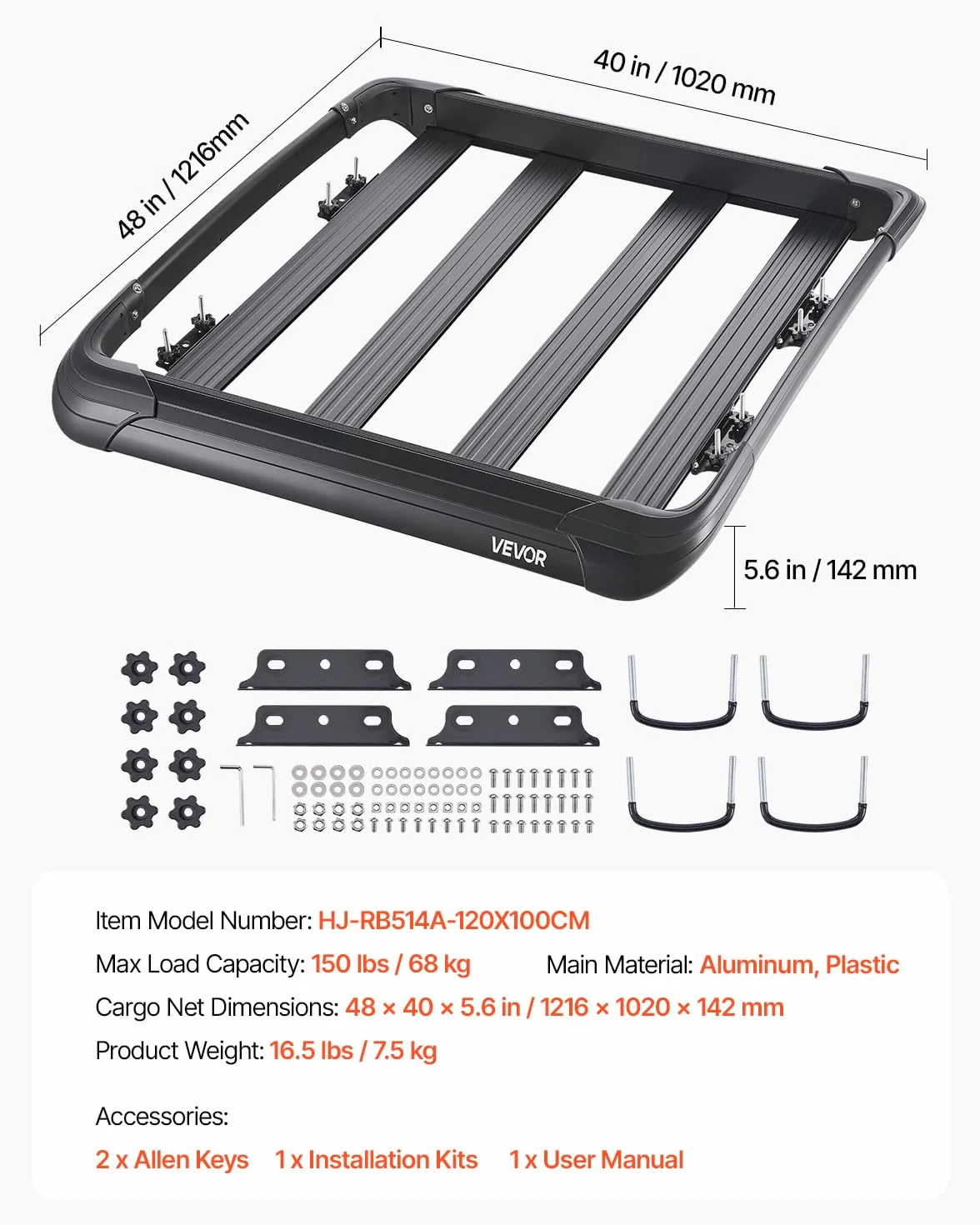 VEVOR Portapacchi da Tetto, Portabagagli Durevole da Tetto per Auto con Capacità 68 kg, Recinzione, Acciaio Legato Antiruggine, Carenatura Antivento, per Auto SUV 1216 x 1020 x 142 mm