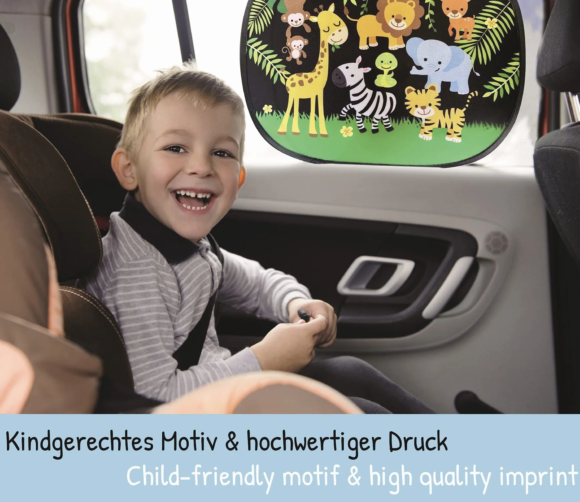 HECKBO 2x parasole per auto con 8 ventose - motivo animali della giungla - 44x36cm - parasole per finestrino laterale dell'auto - con tasca - per bambini, ragazze e ragazzi