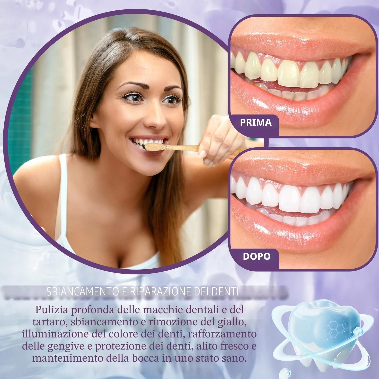 Kit Sbiancante Denti: Dentifricio Viola Sbiancante 60ml + Polvere 50g + Spazzolino, Rimozione Macchie Profonde