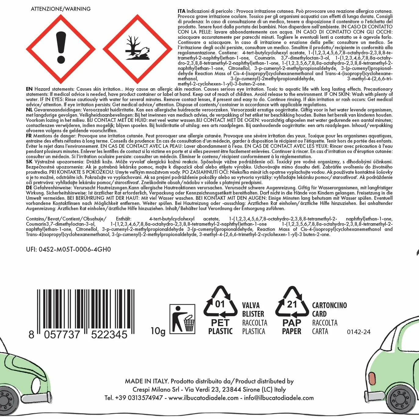 IL BUCATO DI ADELE il bucato che profuma di casa Profumatore Per Auto Fragranza Giornata di Sole 10g