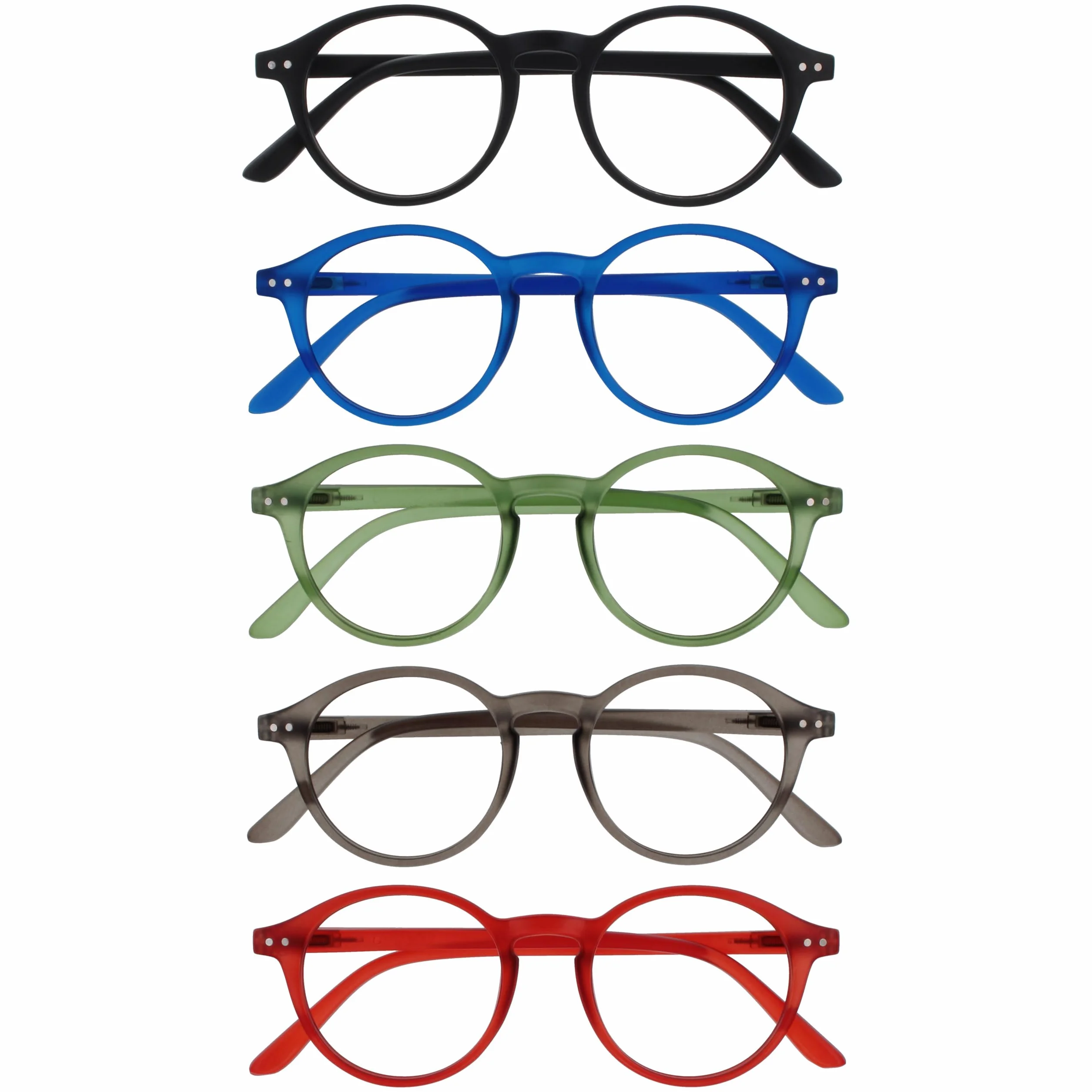 OPULIZE REY Occhiali da Lettura +2.00 Montatura Rotonda Retro Nero Blu Verde Grigio Rosso Uomo Donna Cerniere a Molla Pacco da 5