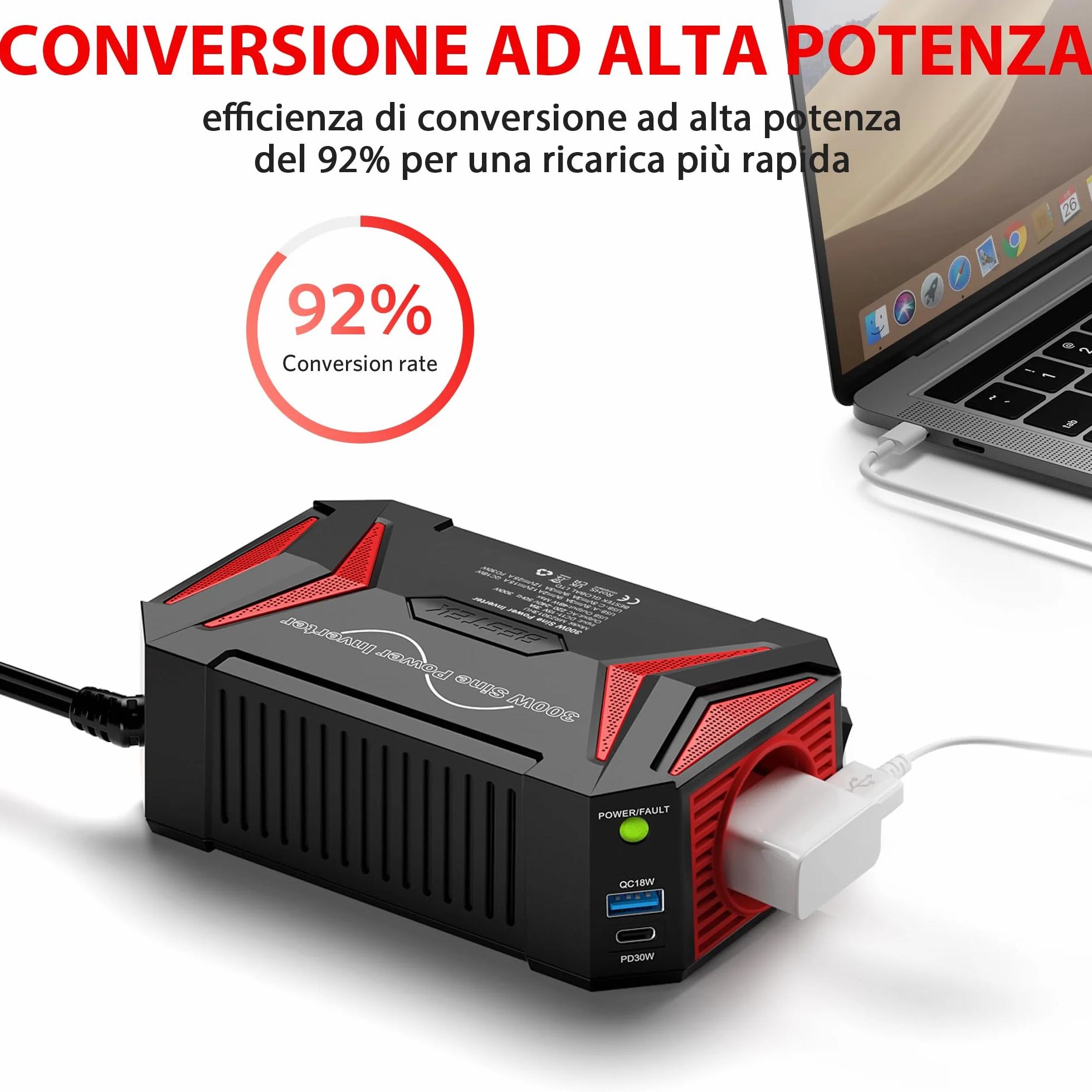 BESTEK Inverter Onda Pura 300W 12V-220V z PD30W QC18W 2 USB