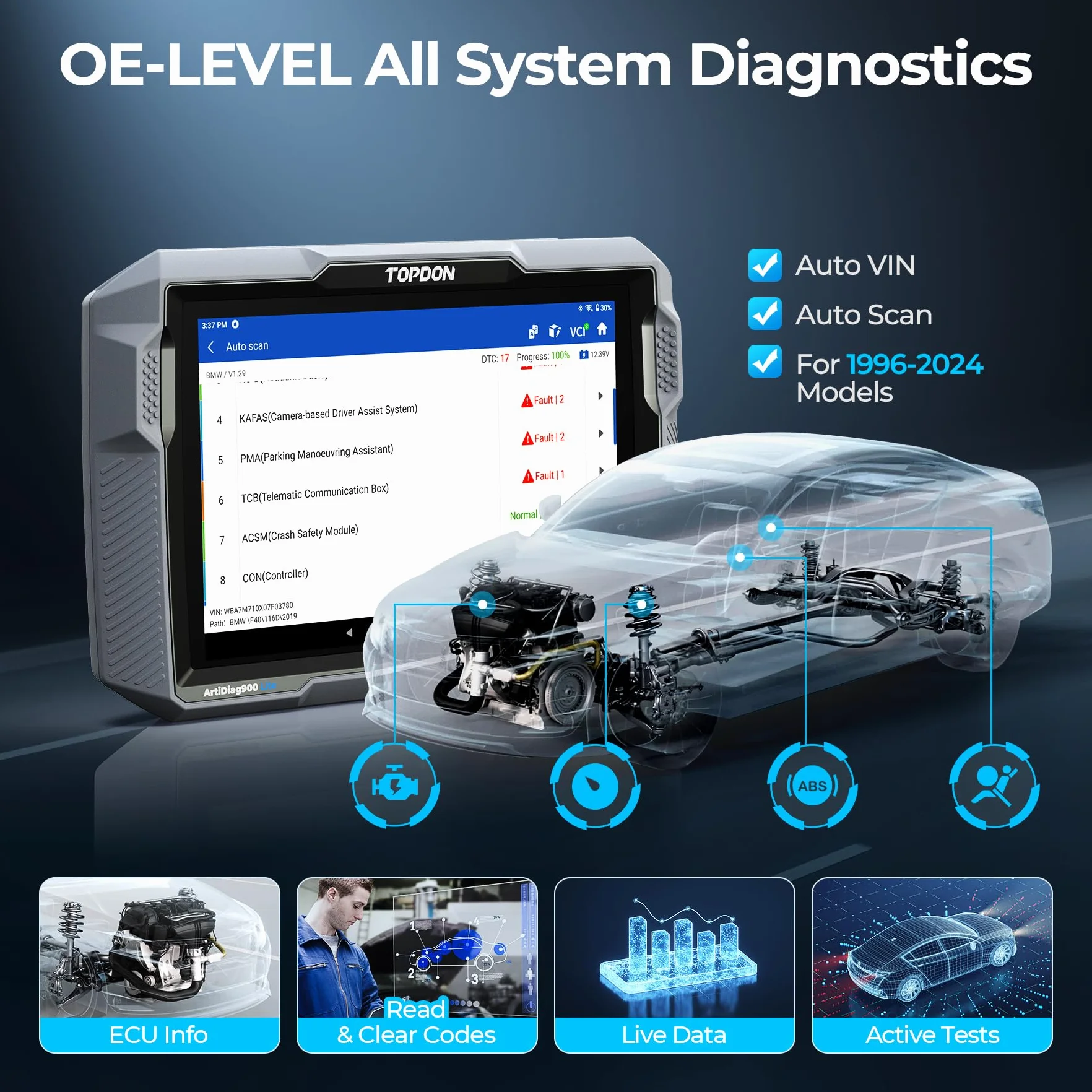 TOPDON ArtiDiag900 Lite OBDII Scanner Diagnosi Auto, Bidirezionale Wireless con Test Attivo