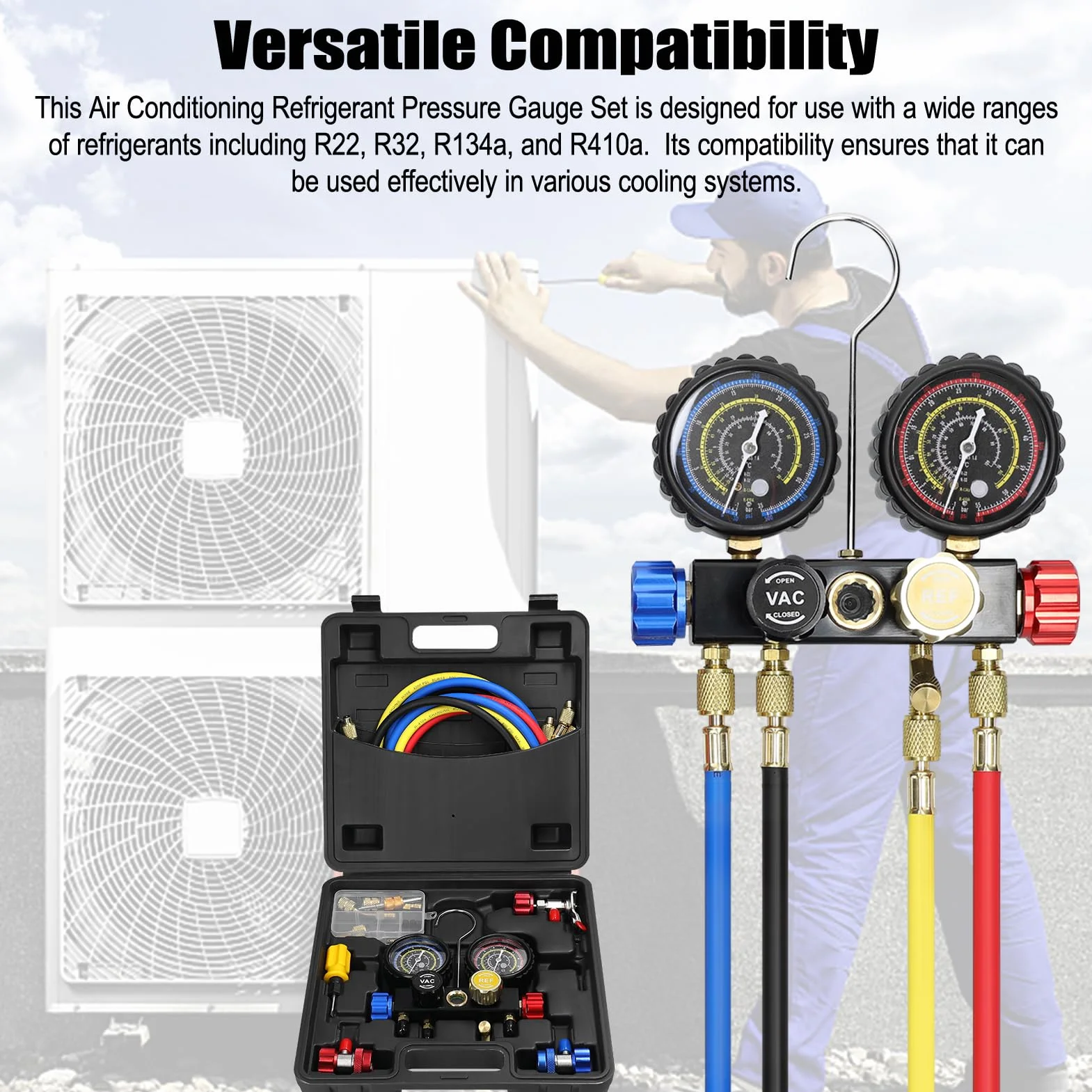 Weytoll Kit Ricarica Aria Condizionata Auto 1.5m Tubi Manometro Doppio Valore 4 Vie Refrigerante R22 R134a R410a