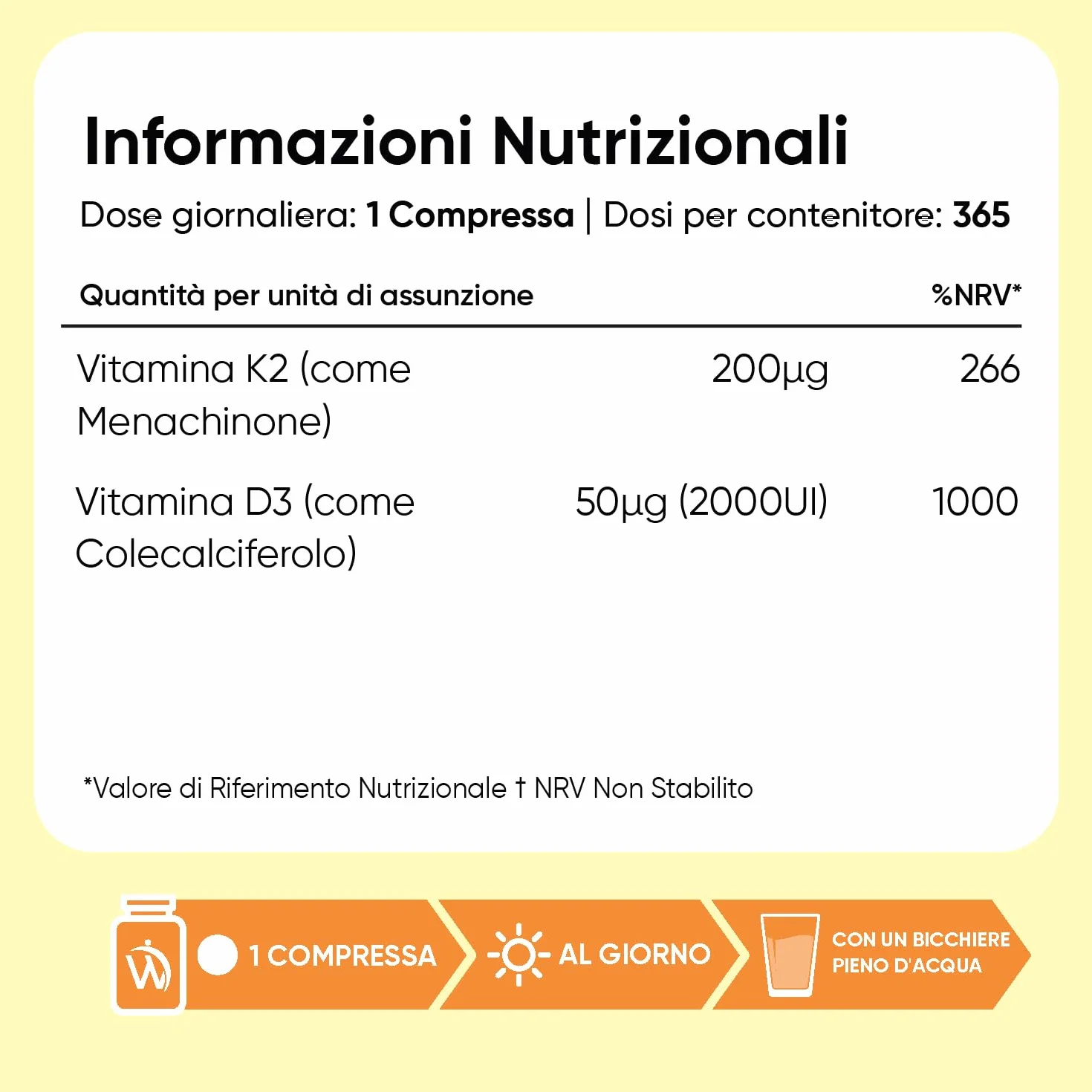 Vitamina D3 K2 2000UI Colecalciferolo 200μg Menachinone 365 Compresse Senza Glutine