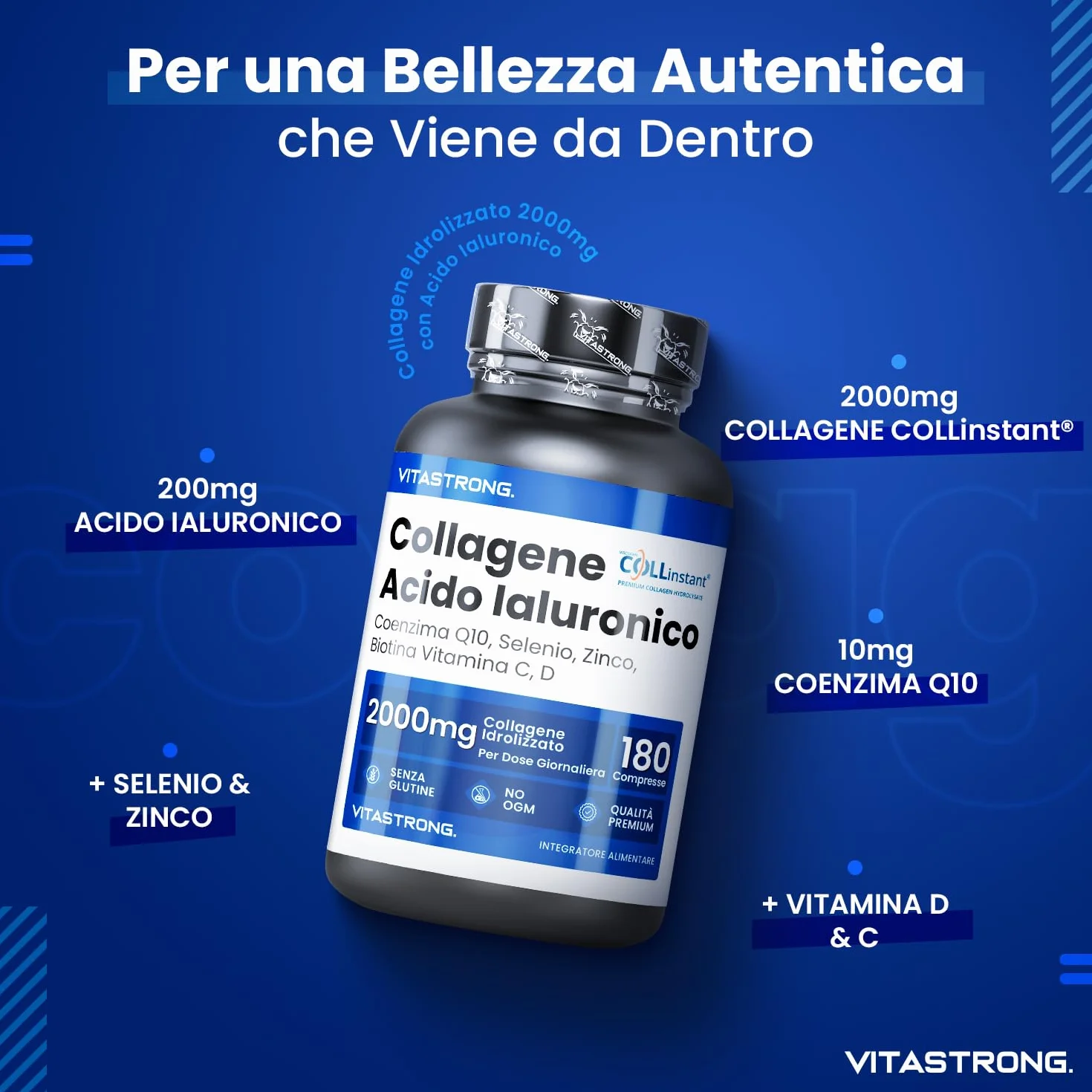 Vitastrong COLLAGENE IDROLIZZATO 2000MG Collinstant Collagene e Acido Ialuronico con Biotina, Coenzima Q10, Zinco, Selenio, Vitamina C, Vitamina D