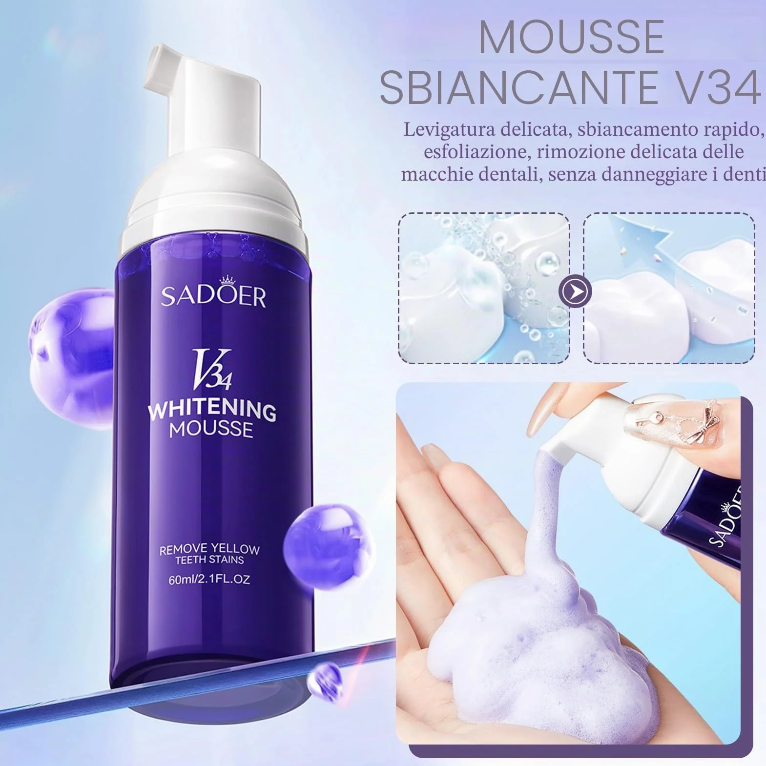 Kit Sbiancante Denti: Dentifricio Viola Sbiancante 60ml + Polvere 50g + Spazzolino, Rimozione Macchie Profonde