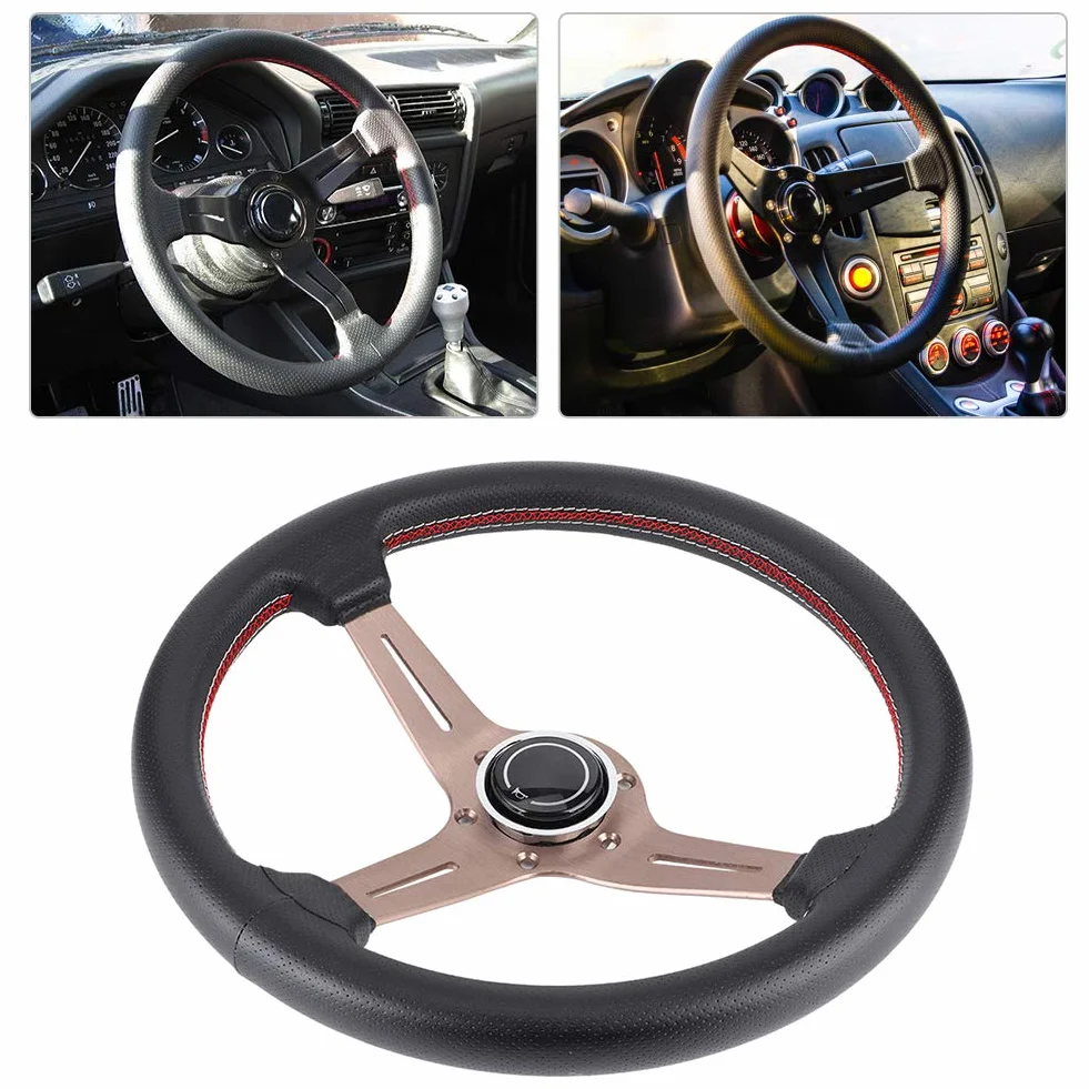 Volante Volante Nardi, Volante 250 Mm 14 Pollici per Mezzo Piatto a 6 Bulloni Stile Nardi Volante Corsa in Pelle Traforata Nera con Parti Modificate in Clacson
