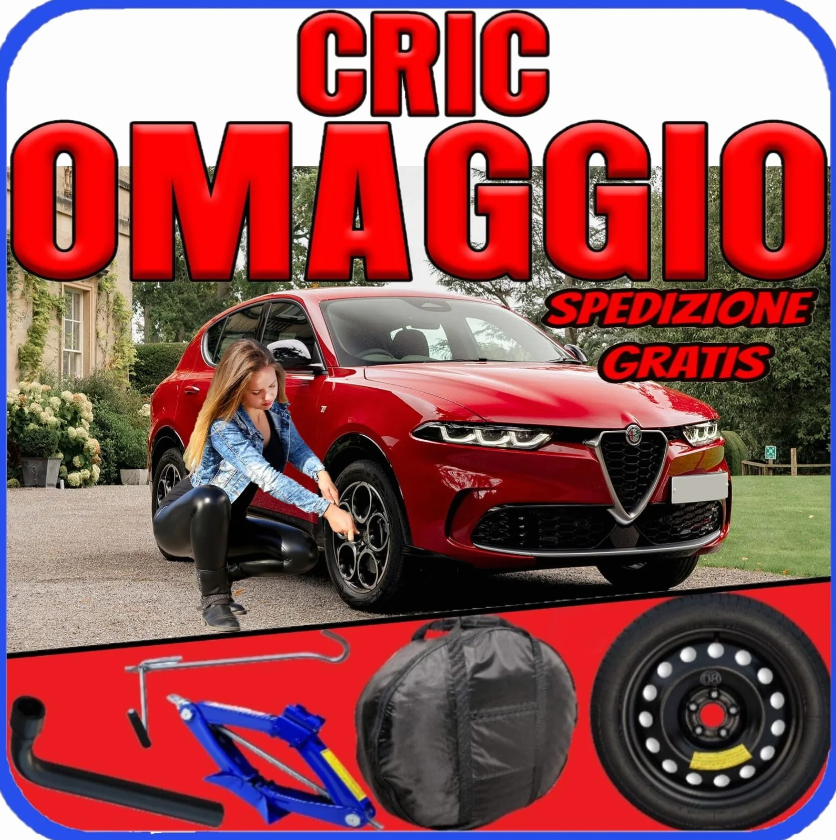 Generico Ruotino Di Scorta Per Alfa Romeo Tonale Pinze Rosse (av1) 5 Fori Gomma 145/80 R18 Da Anno 2022 Fino ad Anno 2024 Con Kit Accessori Cric Crick Chiave e Sacca 145 80 18 18""