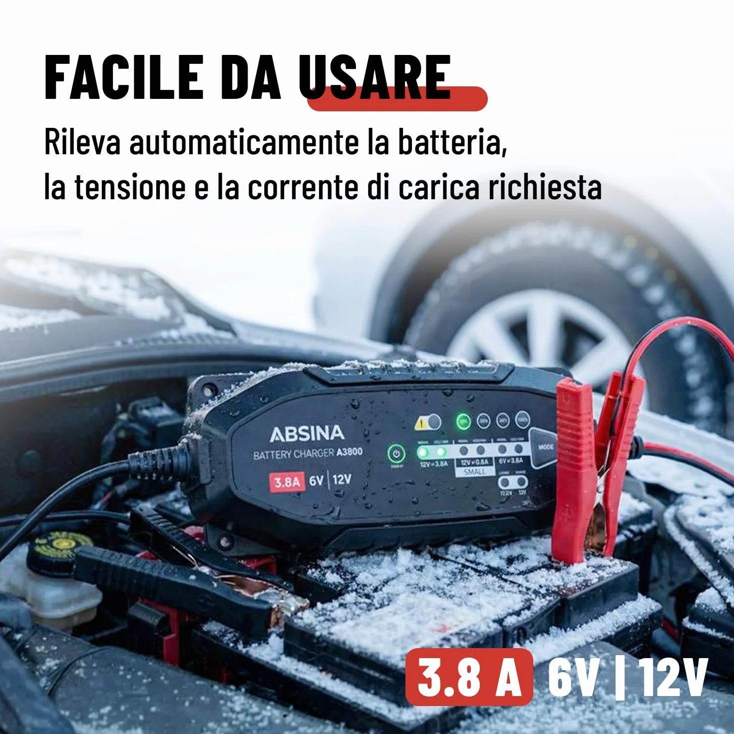 ABSINA Caricabatterie auto automatico - Carica batteria per auto per batterie al piombo-acido da 6V e 12V fino a 120Ah e 12,8V al litio - Mantenitore di carica auto AGM per moto, caravan e altro