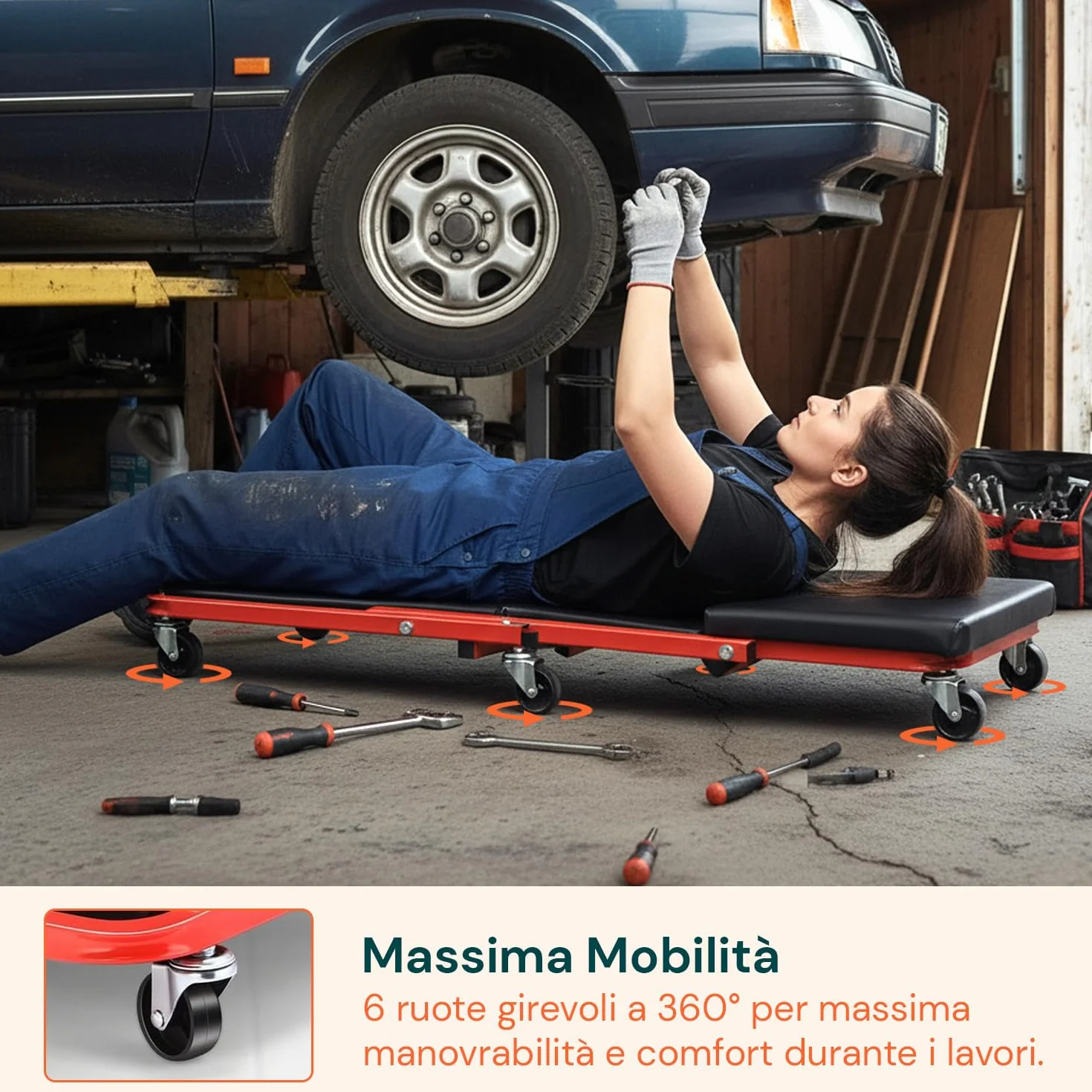 Avilia - Sgabello Officina 2 in 1 Trasformabile in Lettino Meccanico con 6 Ruote Girevoli, Struttura Robusta in Acciaio, Uso Ergonomico per Lavoro in Garage e Manutenzione Auto