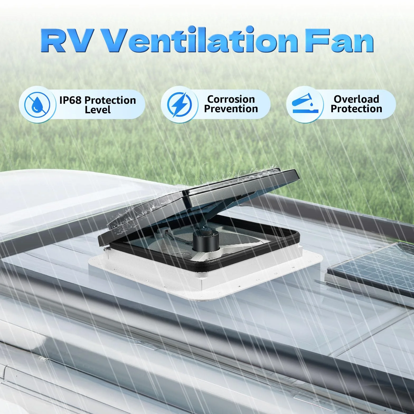 Ventilatore da tetto 28x28 cm 12V IP68 impermeabile silenzioso 20-65dB reversibile 4 LED 10 ali 5-35 m³/min telaio montaggio