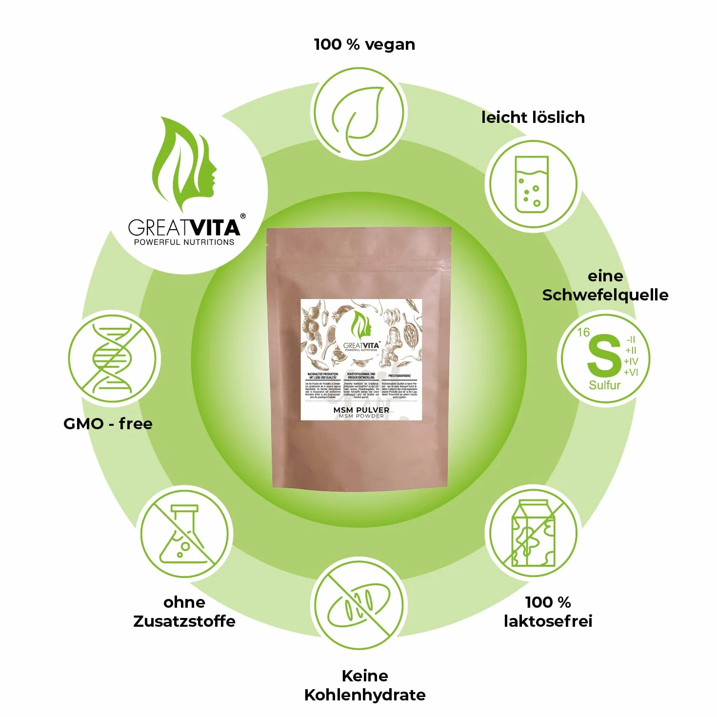 GreatVita MSM Polvere 400 g 99,9% metilsulfonilmetano polvere di zolfo organico senza additivi senza glutine nonOGM