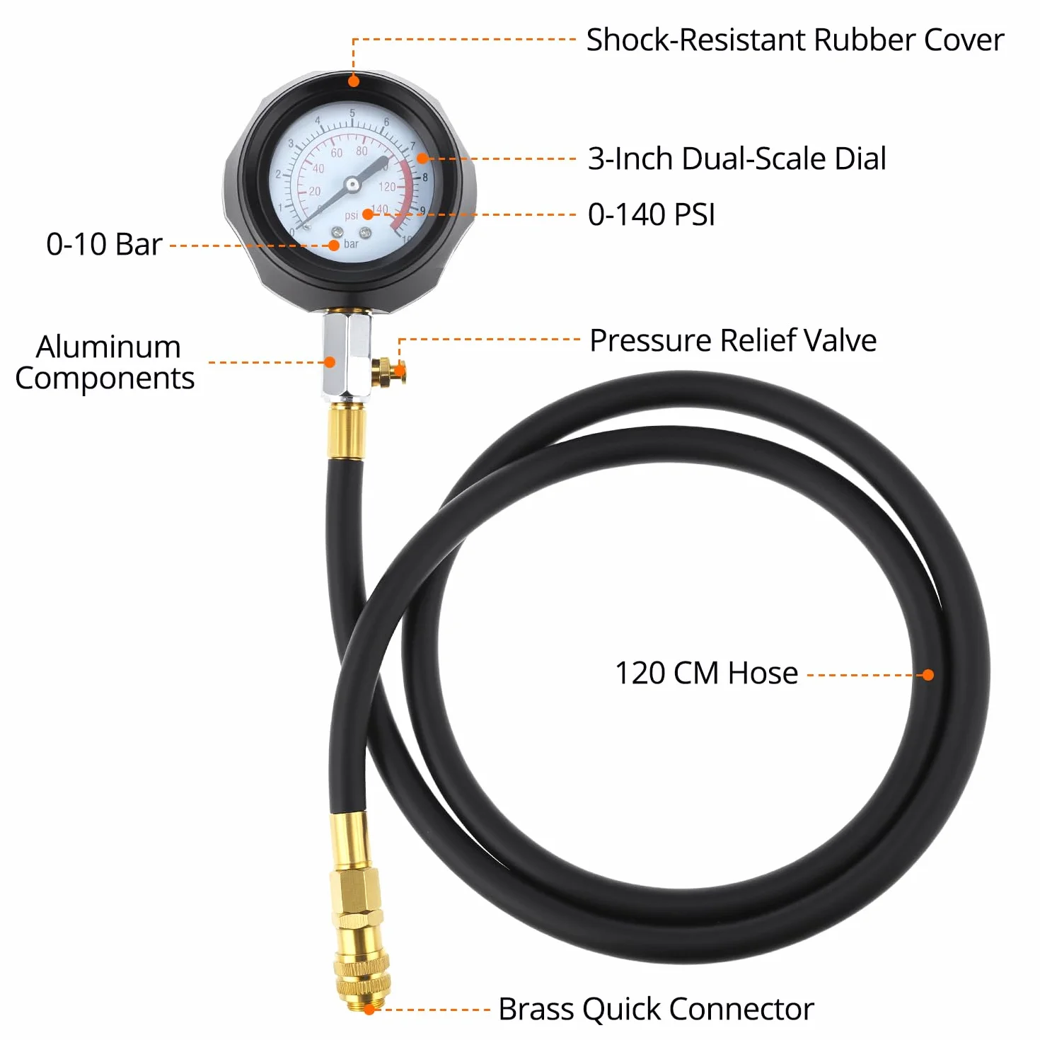QWORK® Manometro per la pressione dell'olio, 140 PSI / 10 Bar, set di test per la pressione dell'olio nei cilindri motore con 10 adattatori, ideale per auto, moto e trattori