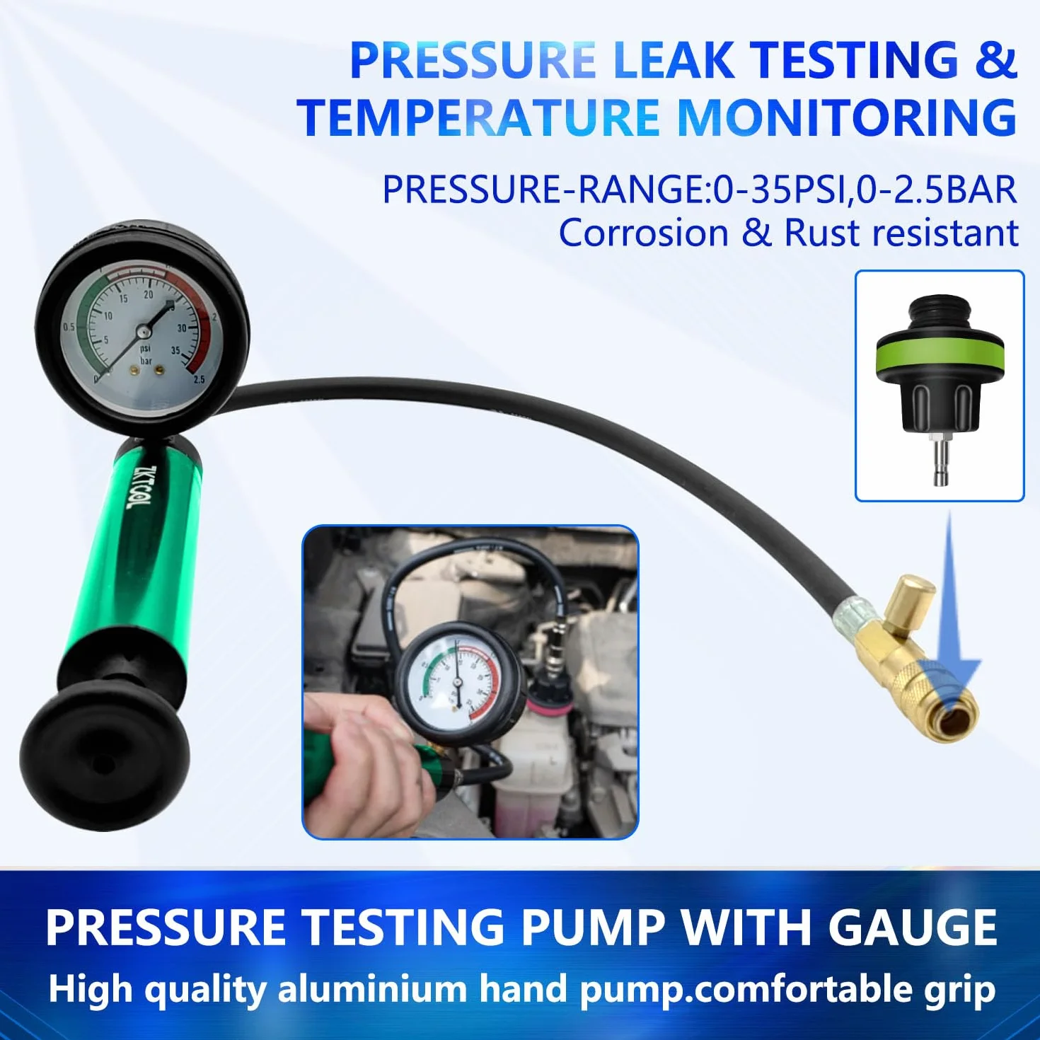 ZKTOOL Kit di prova della pressione del serbatoio del radiatore del motore, set di prova delle perdite del serbatoio dell'acqua, rilevatore di perdite di liquido refrigerante, strumento di riempimento