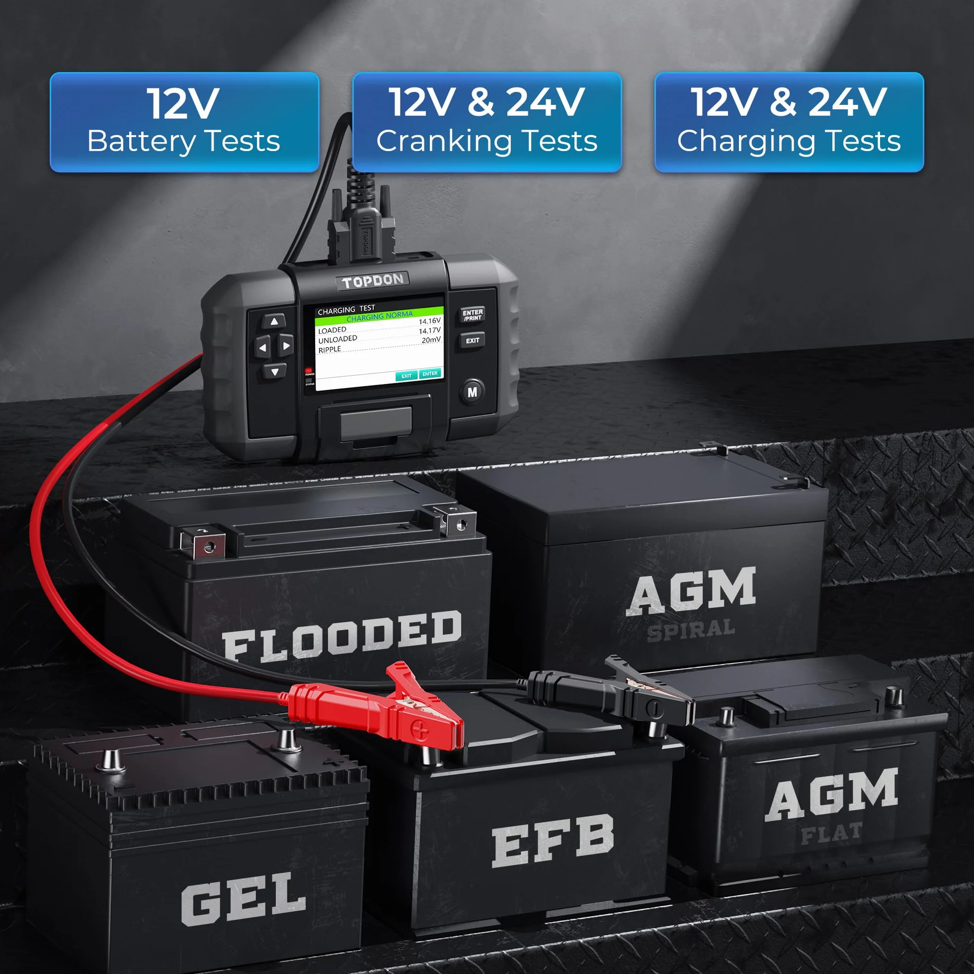 TOPDON BT600 Tester Batteria per Auto, Tester Batterie Auto con Stampante Professionale 12V 24V, con Test Batteria, Test di Avviamento e Carica per Batterie 100-2000CCA, Schermo da 3.5 pollici