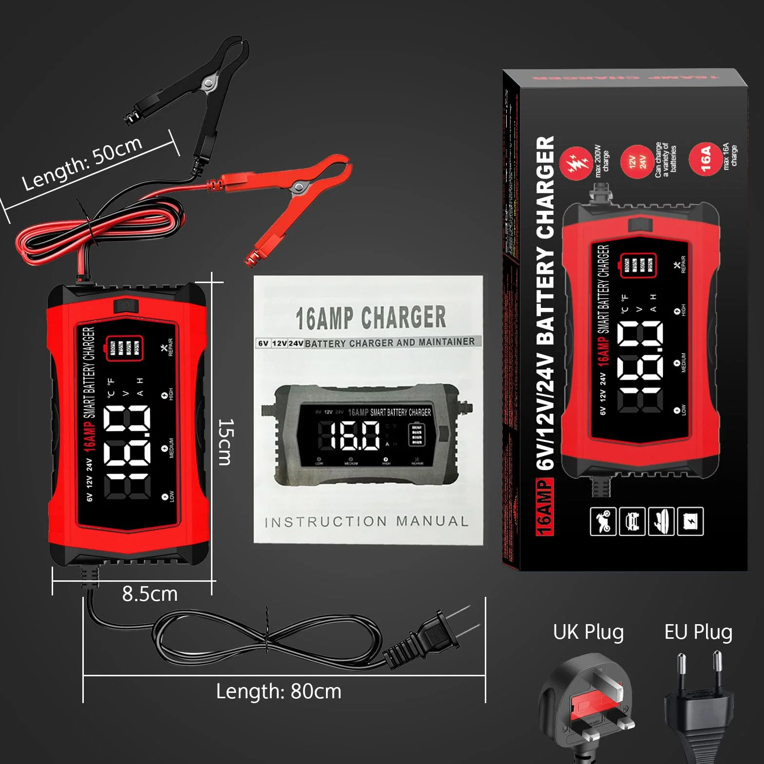 HTRC Caricabatterie Auto 16A 6V/12V/24V Intelligente LCD 4 Modalità per Barche SUV Moto Litio LiFePo4 Piombo Acido