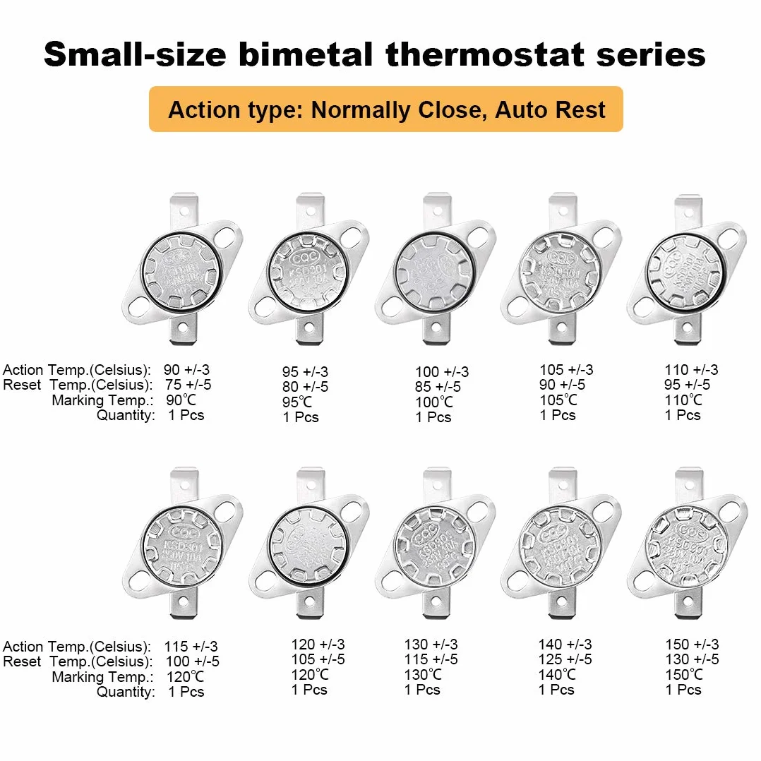 Sourcingmap, set di 10 termostato NC KSD301, 90-150 °C, interruttore di controllo termico 90 95 100 105 110 115 120 130 140 150 150 °C