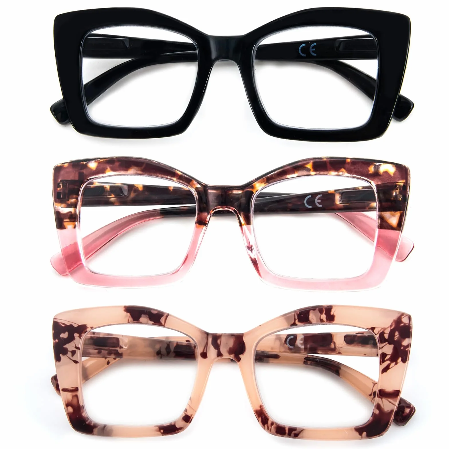 KoKoBin Occhiali da lettura quadrati Oversized con cerniere a molla per computer 3 Pack (Nero/Rosa Leopardo/Leopardo Rosa, Diottria)