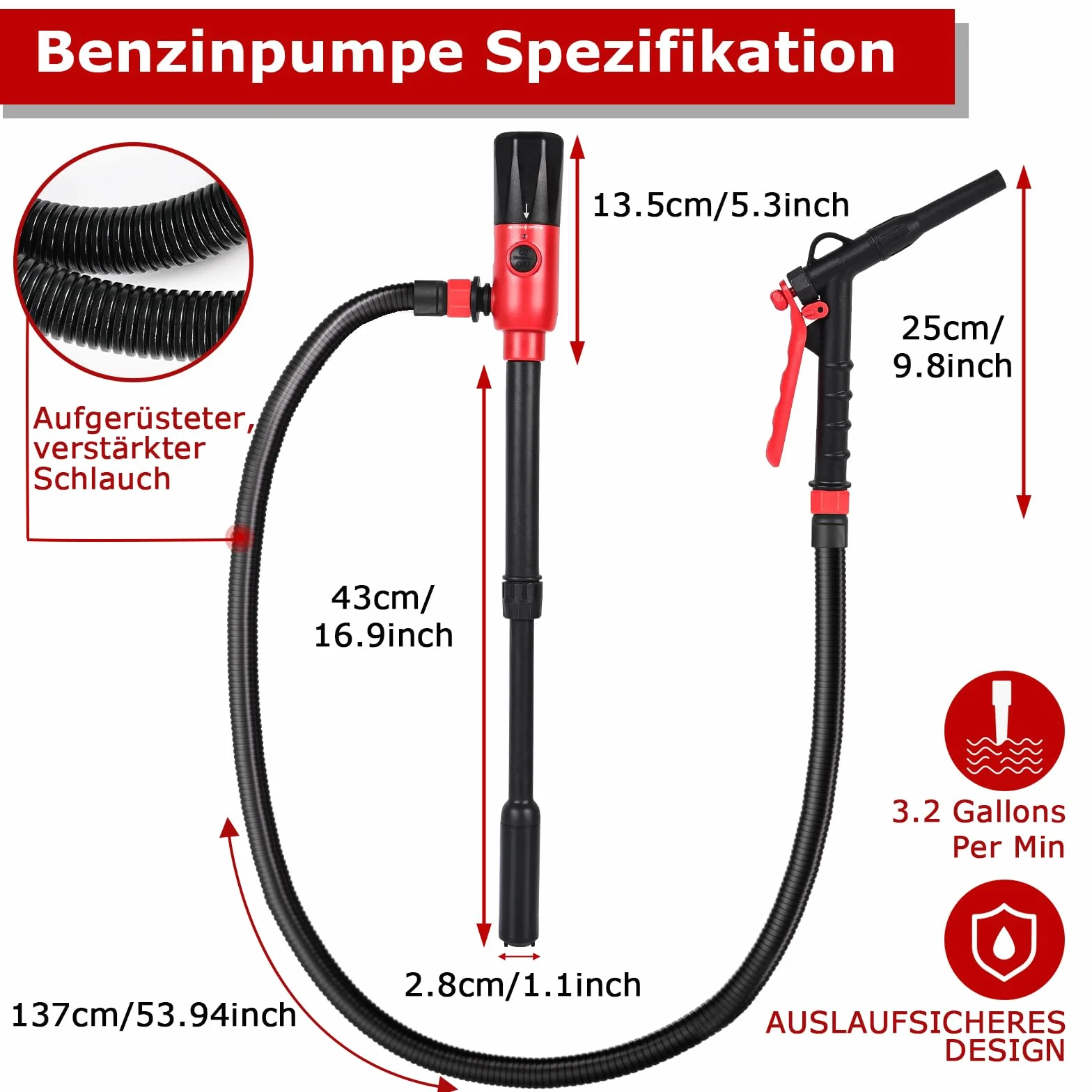 Pompa del carburante elettrica, innhom 3.2 GPM (12 L/min) a batteria, pompa a trasferimento liquido per benzina e diesel, pompa a sifone portatile con tubo e controllo del flusso