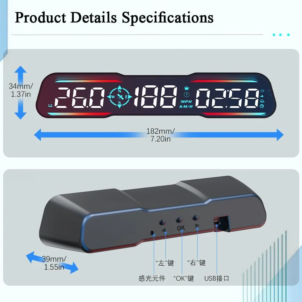 Auto Head Up Display HUD, tachimetro di nuova concezione, visualizzazione velocità, tempo, ecc. MPH e km/h, con allarme di velocità e fatica, adatto per tutti i modelli