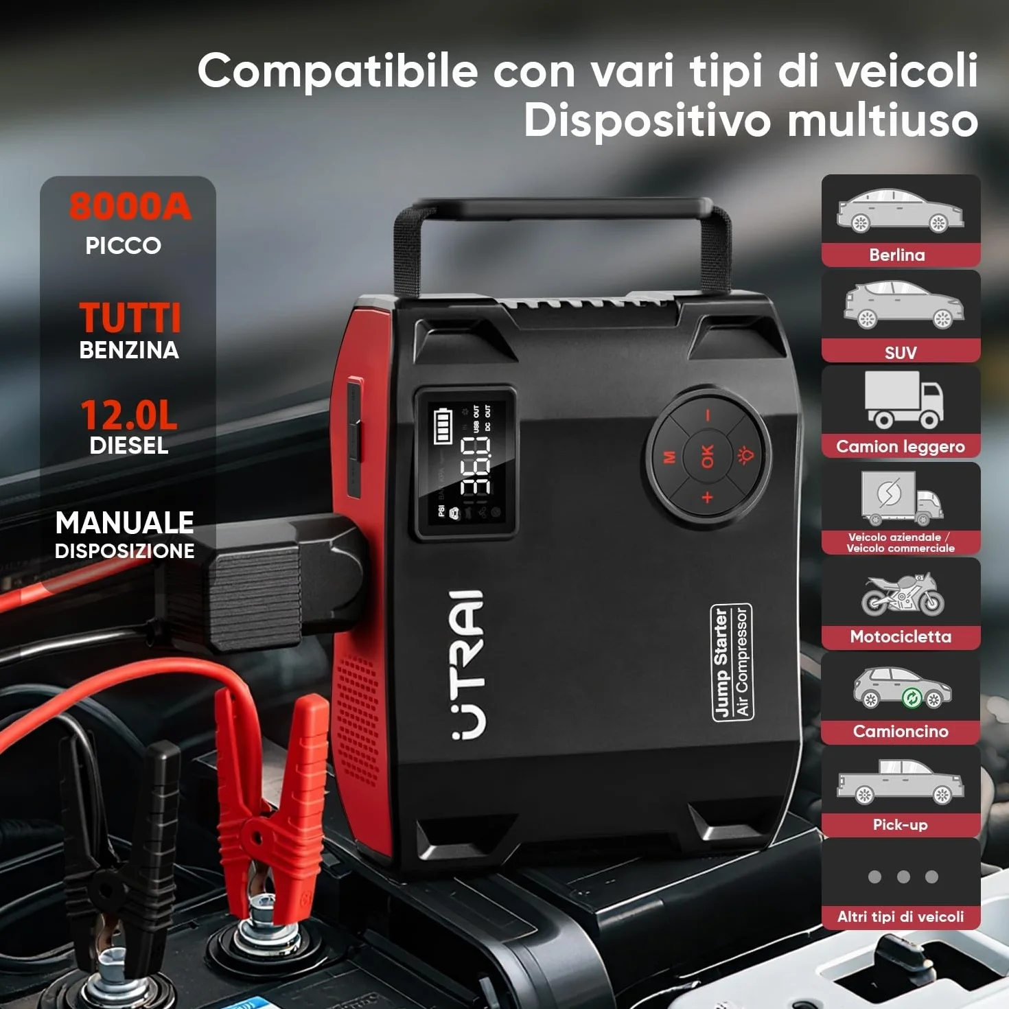Avviatore Batteria Auto 8000A, UTRAI 27000mAh Avviatore Emergenza Auto con Compressore, DC160W Booster Avviamento Auto/Moto Portatile (Fino a Tutti i Benzina e 12L Diesel)/Doppia USB/1600 Lumen LED